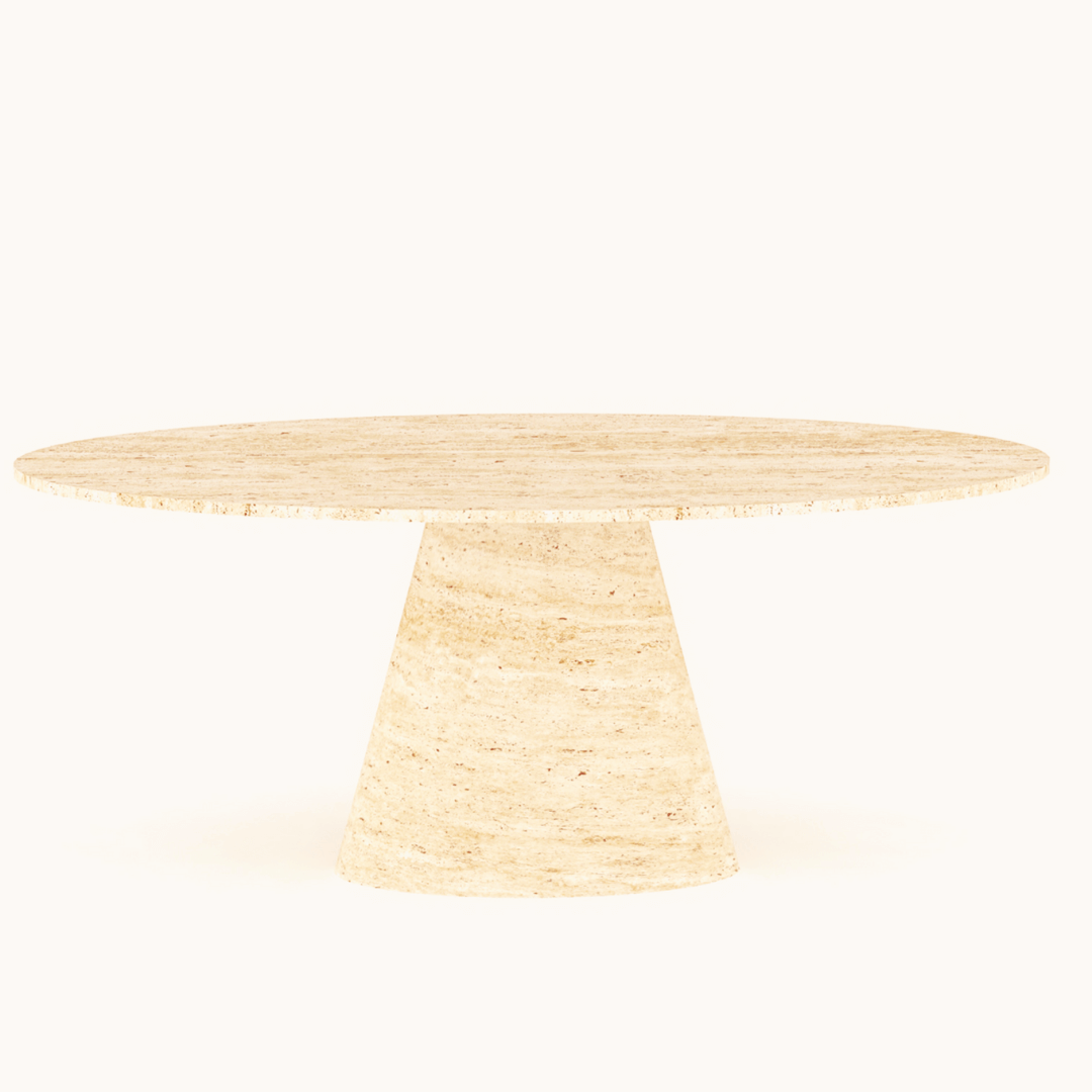 The Olympian Ellipse Travertine Table by Travertable features a beige, round travertine design with a smooth surface and ribbed pedestal base, showcased against a plain white background.