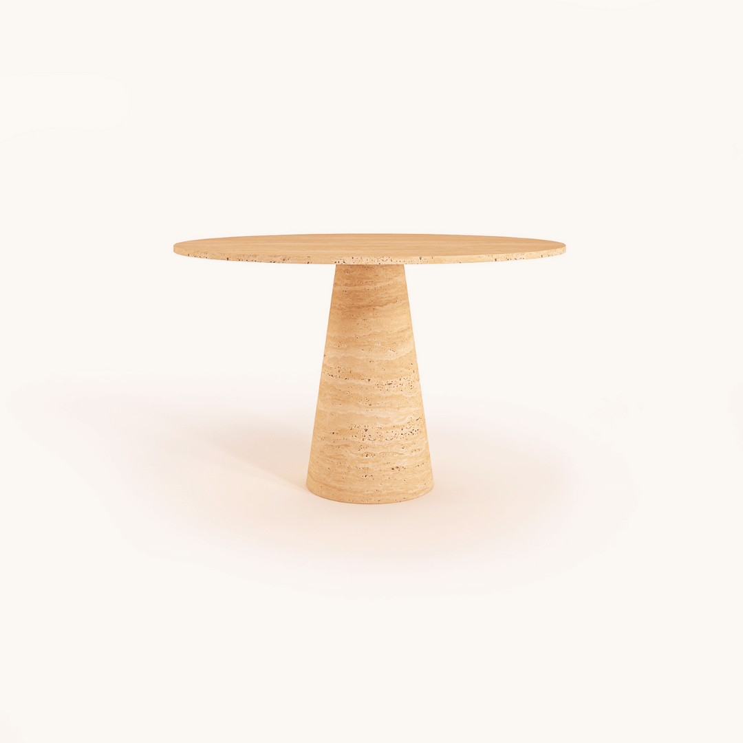 The Elysian Travertine Round Dining Table by Travertable boasts a sleek wooden surface and conical base, epitomizing modern design elegance against a simple light backdrop.