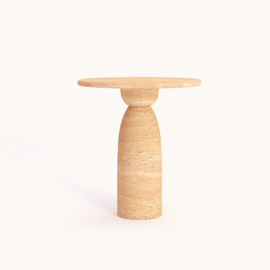 The Modern Minimalist Travertine Side Table by Travertable features a handcrafted design with a light beige travertine stone round top and tapered cylindrical base, emphasizing clean lines and a natural finish against a plain white background for sophisticated interiors.