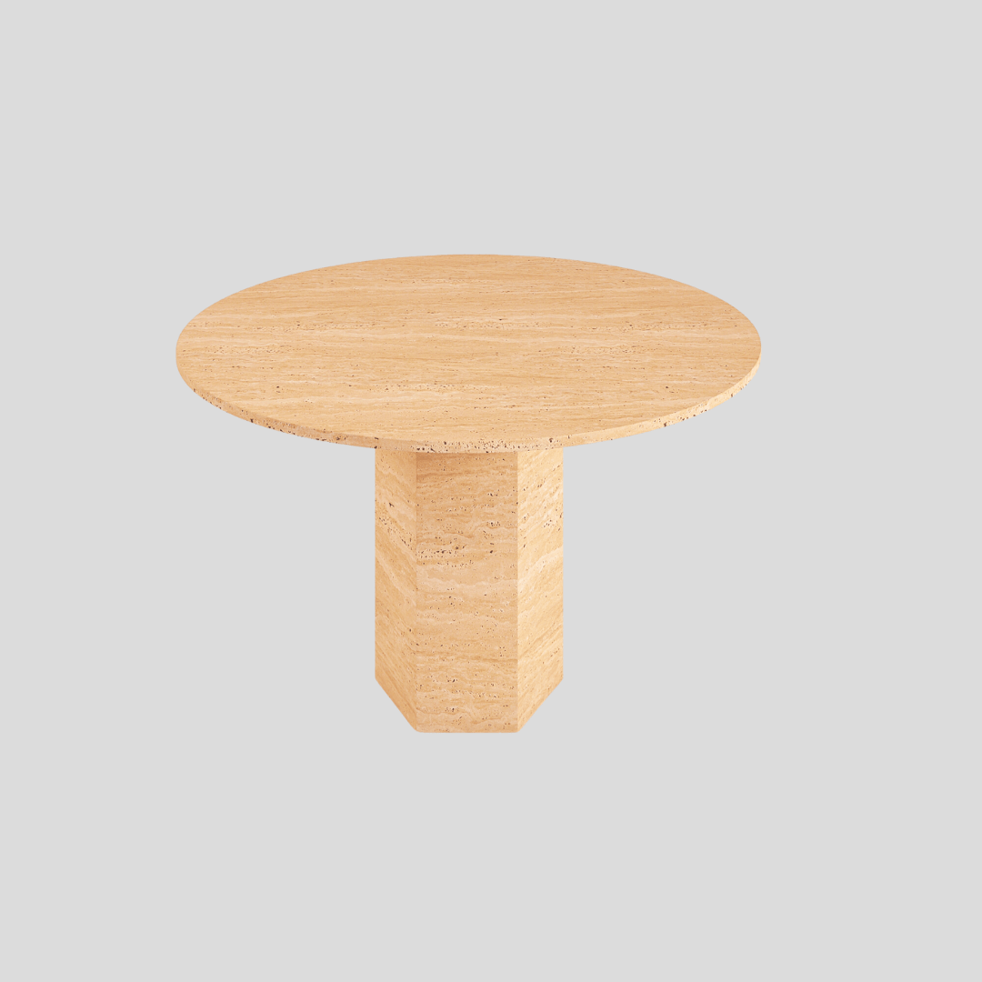 The Hexagon Round Travertine Dining Table by Travertable features a cylindrical wood design with a pale beige finish and an elegant travertine base, set against a plain light gray background.