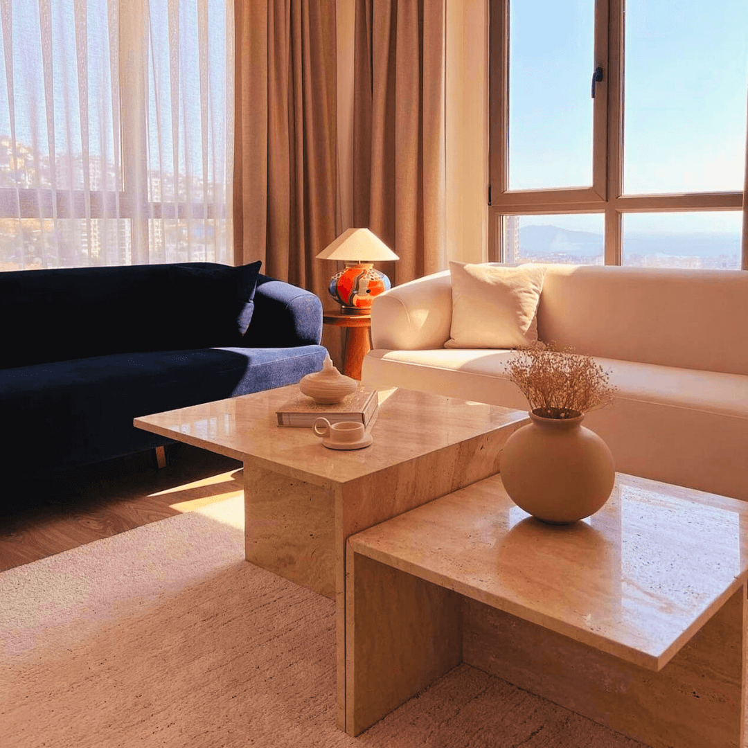 travertine coffee table in customer home.