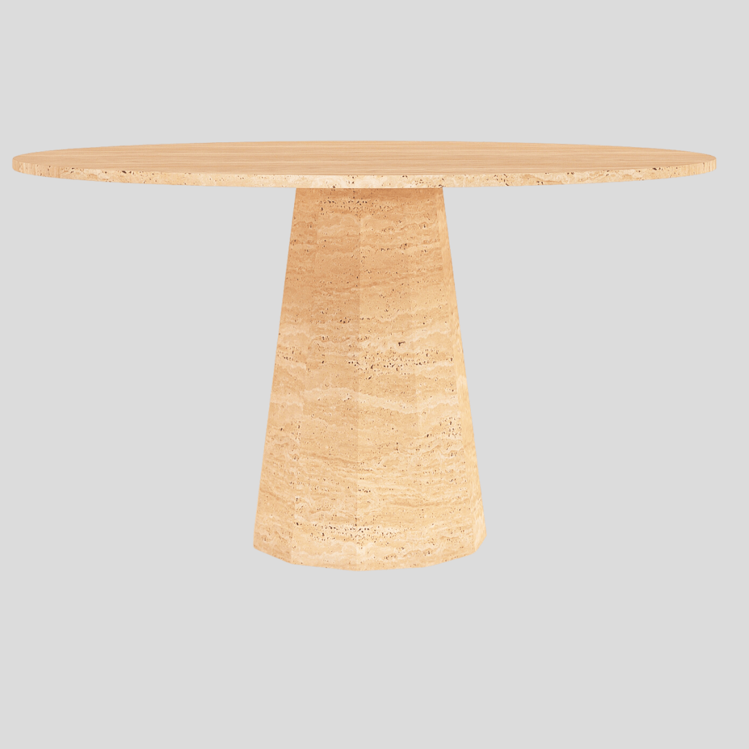The Apex Round Travertine Dining Table by Travertable, featuring a sleek beige travertine surface and solid conical base, stands against a light gray background, adding minimalist elegance to any dining space.