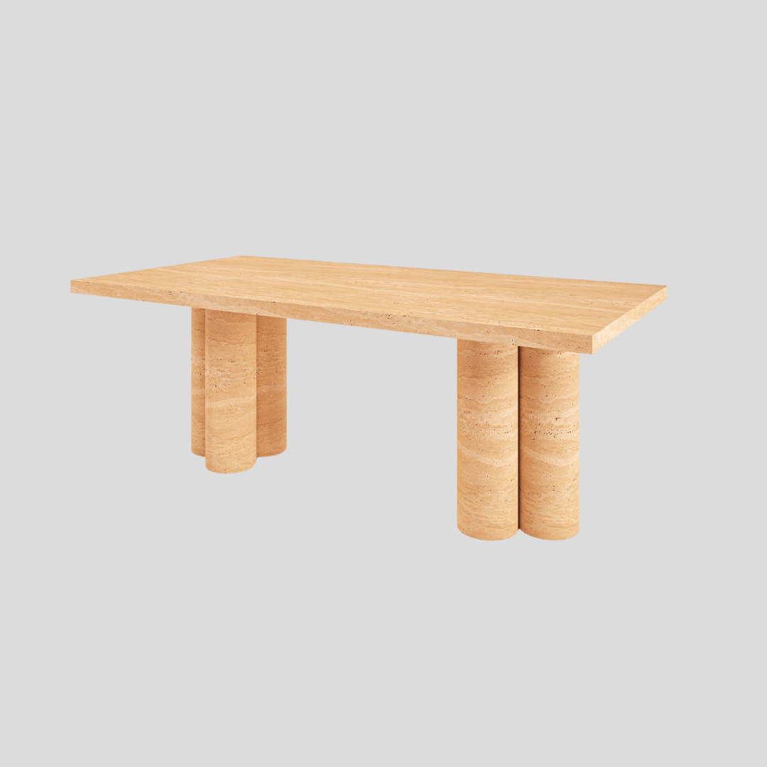 The Meridian Travertine Dining Table by Travertable exudes natural elegance with its rectangular wooden top, smooth surface, and three paired cylindrical legs. This minimalist piece boasts a natural wood finish and embodies sleek modern design against a plain gray background.