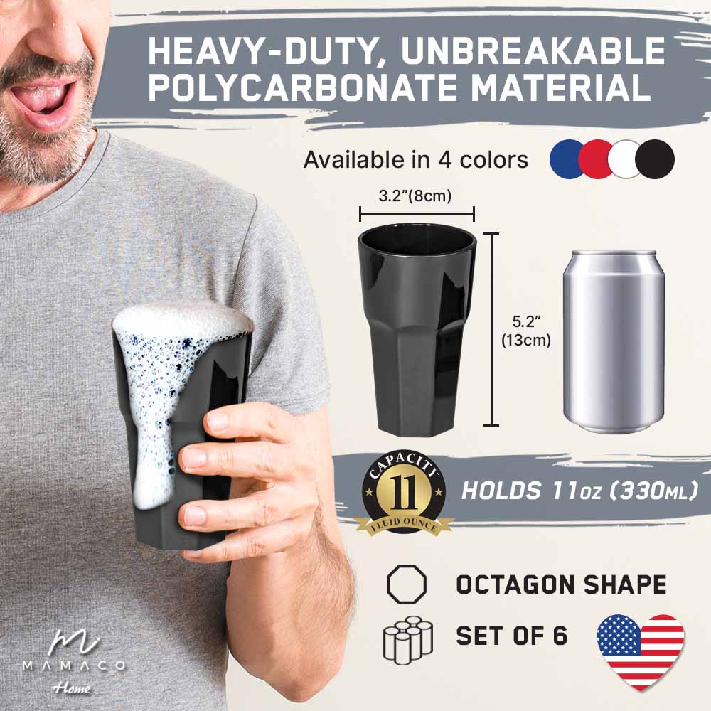 Someone is surprised by beer overflowing from a Mamaco Home black polycarbonate glass, featuring an unbreakable design, octagon shape, 11 oz capacity, and available in four colors. The set includes six durable glasses perfect for juice or cocktails.