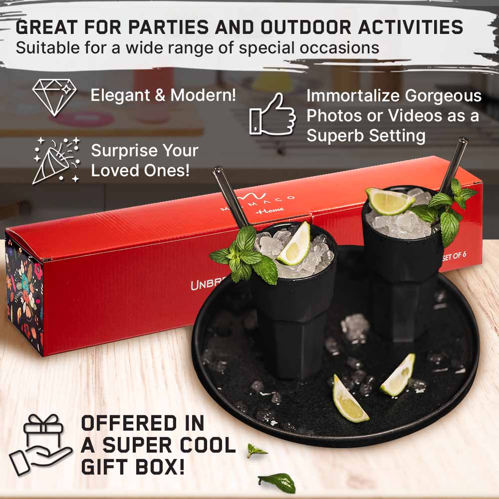 A promotional image for Mamaco Homes Unbreakable Drinking Glasses shows two black, indestructible polycarbonate glasses filled with ice and garnished with lime and mint. A red gift box is in the background, highlighting features like elegance, modern design, and suitability for special occasions.