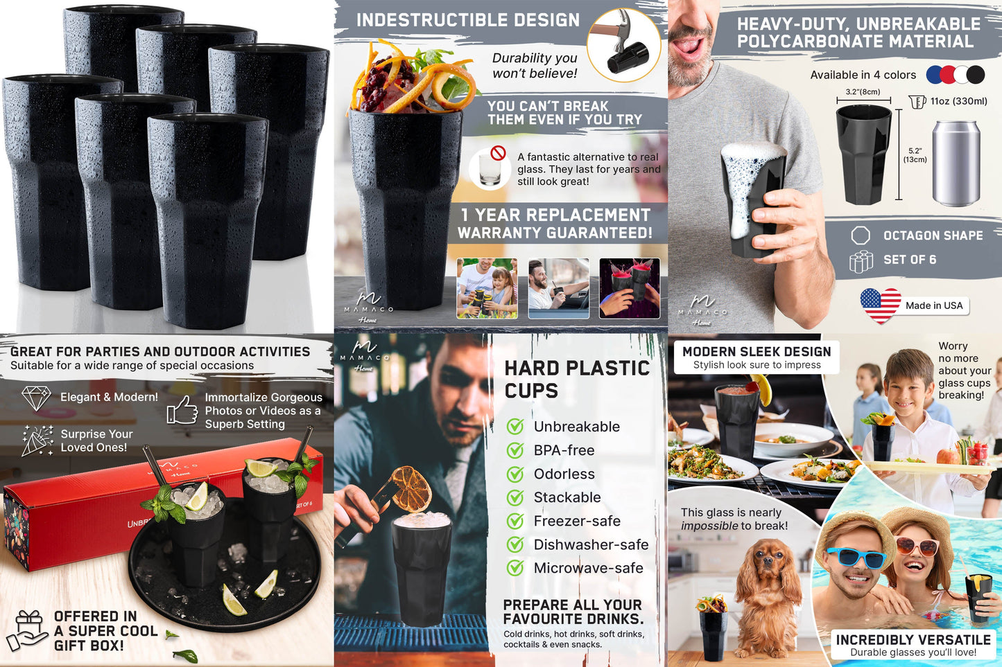 Collage featuring Mamaco Homes unbreakable polycarbonate glasses, known for their indestructible nature, modern design, and BPA-free material. Includes images of these 11 oz black drinking glasses in various settings and an optional gift box. Comes with a 1-year replacement warranty.