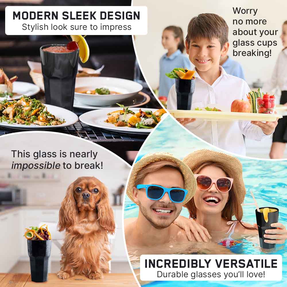 Collage displaying Mamaco Homes Unbreakable Drinking Glasses: 1) Black glass on dining table with plates, 2) Smiling boy holding cup, 3) Dog next to glass, 4) Couple in pool with cup. Highlights design, strength, and versatility.