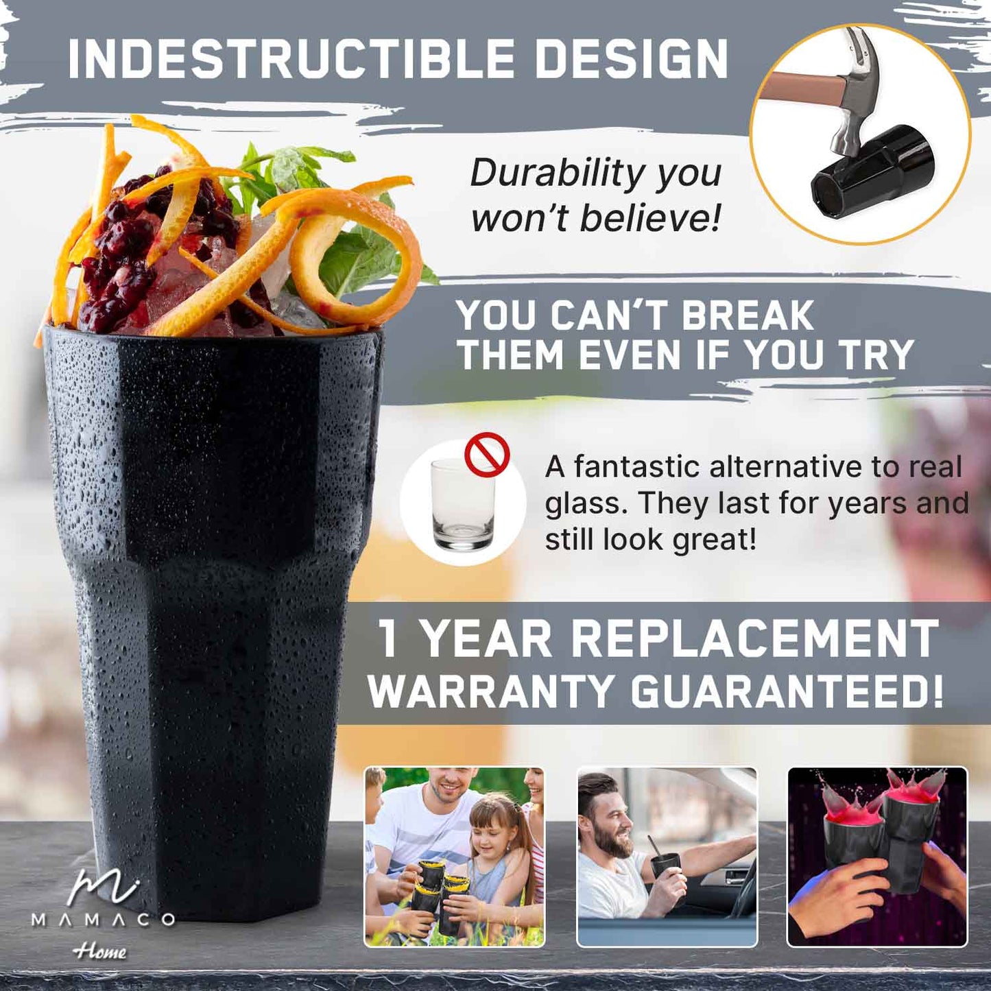 A promotional image for Mamaco Homes Unbreakable Drinking Glasses shows a sleek black 11-oz glass filled with colorful food, a metal vice shattering real glass, and text highlighting durability, an alternative to glassware, and a one-year replacement warranty.