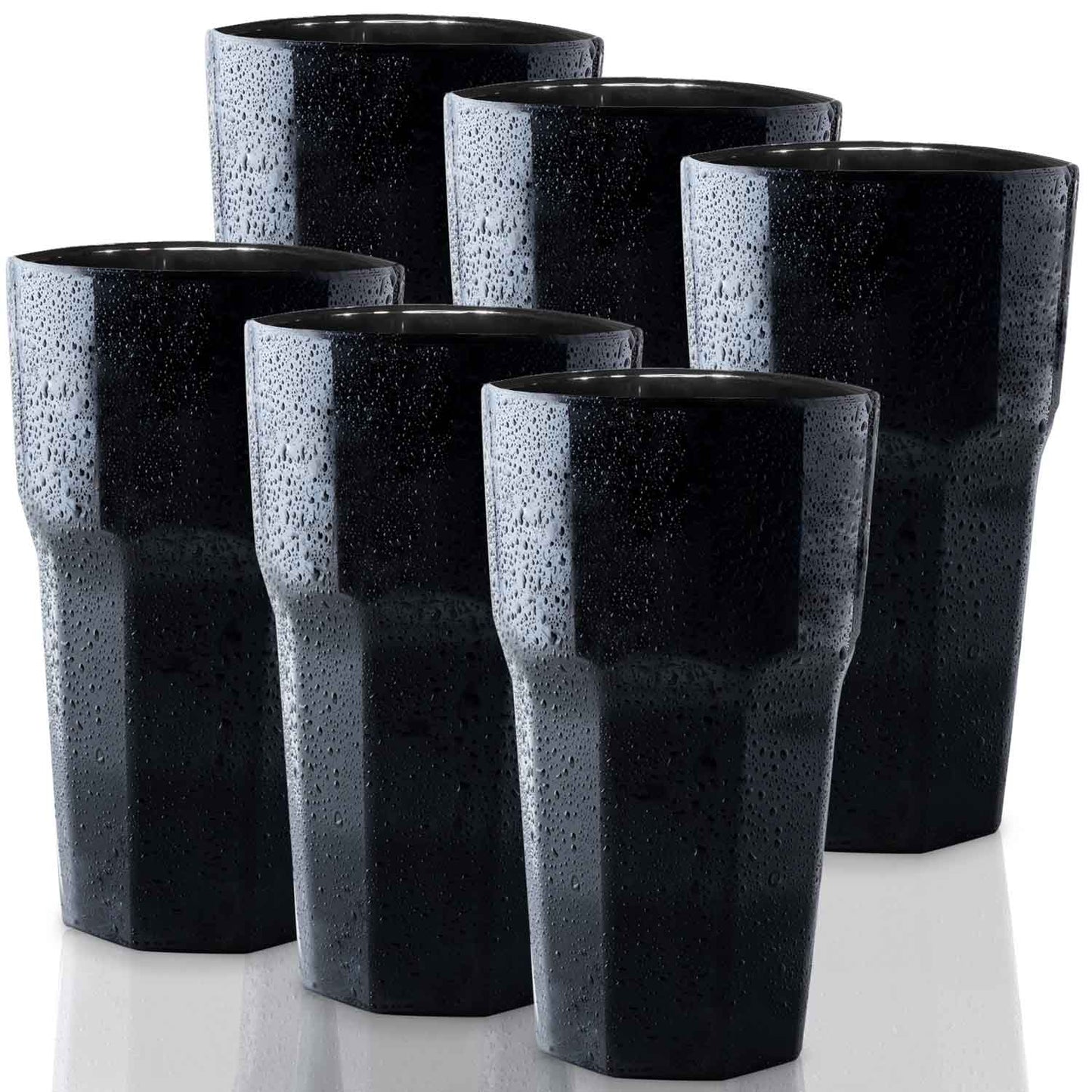 Six Mamaco Home Unbreakable Drinking Glasses, 11 oz each in black, are arranged in two rows. Made from durable polycarbonate, they feature a glossy finish and faceted design. Water droplets enhance their modern look, adding a fresh feel to this reusable set perfect for juice, cocktails, and parties.