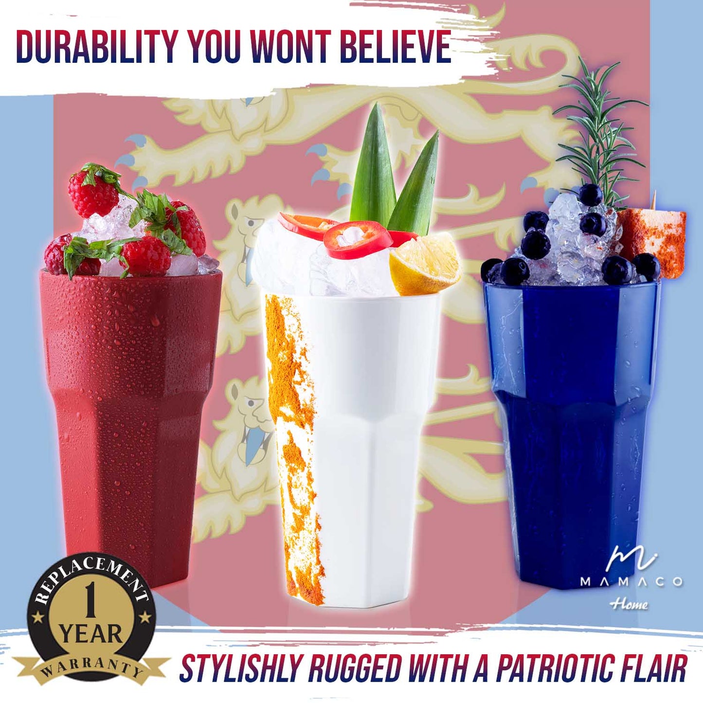 Mamaco Homes unbreakable drinking glasses, inspired by the USA flag with red (raspberries), white (citrus and pineapple), and blue (blueberries) evoke a patriotic feel. These shatterproof, BPA-free glasses boast durability with a one-year warranty and feature the Mamaco Home logo.