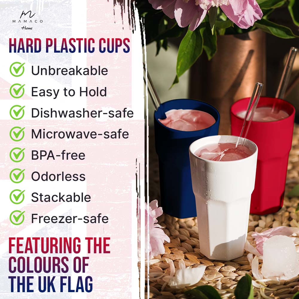 The Mamaco Home Unbreakable USA Flag-Themed Drinking Glasses are available in white, red, and blue. Filled with drinks and surrounded by peonies, theyre unbreakable, easy to hold, dishwasher- and microwave-safe, BPA-free, odorless, stackable, and freezer-safe—perfect for 4th of July celebrations.