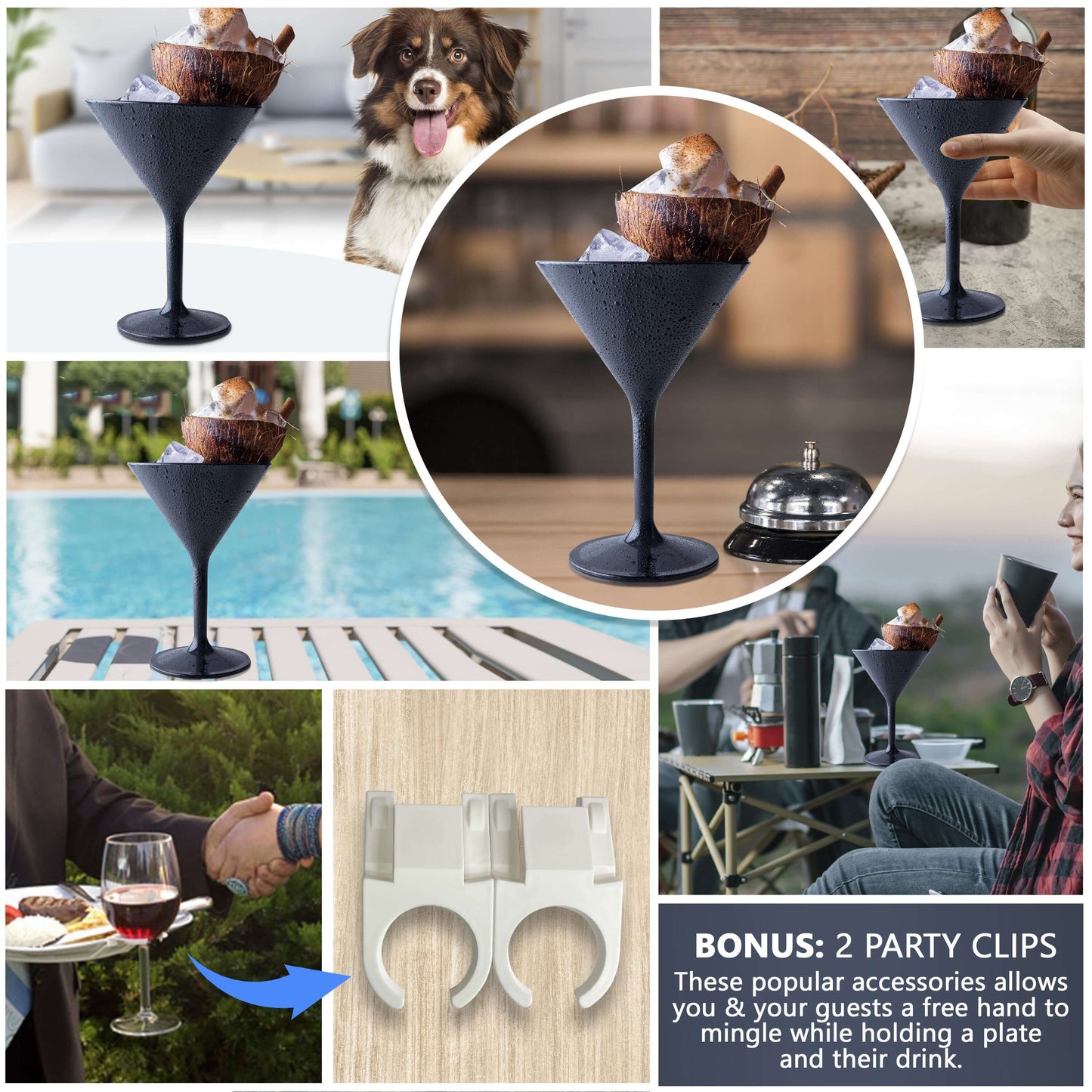 A collage features people socializing with Mamaco Homes unique holders, showcasing a dark martini glass, a dog, and shaking hands. Highlighted is the premium quality bonus pack of two party clips for holding plates and drinks in shatterproof polycarbonate.