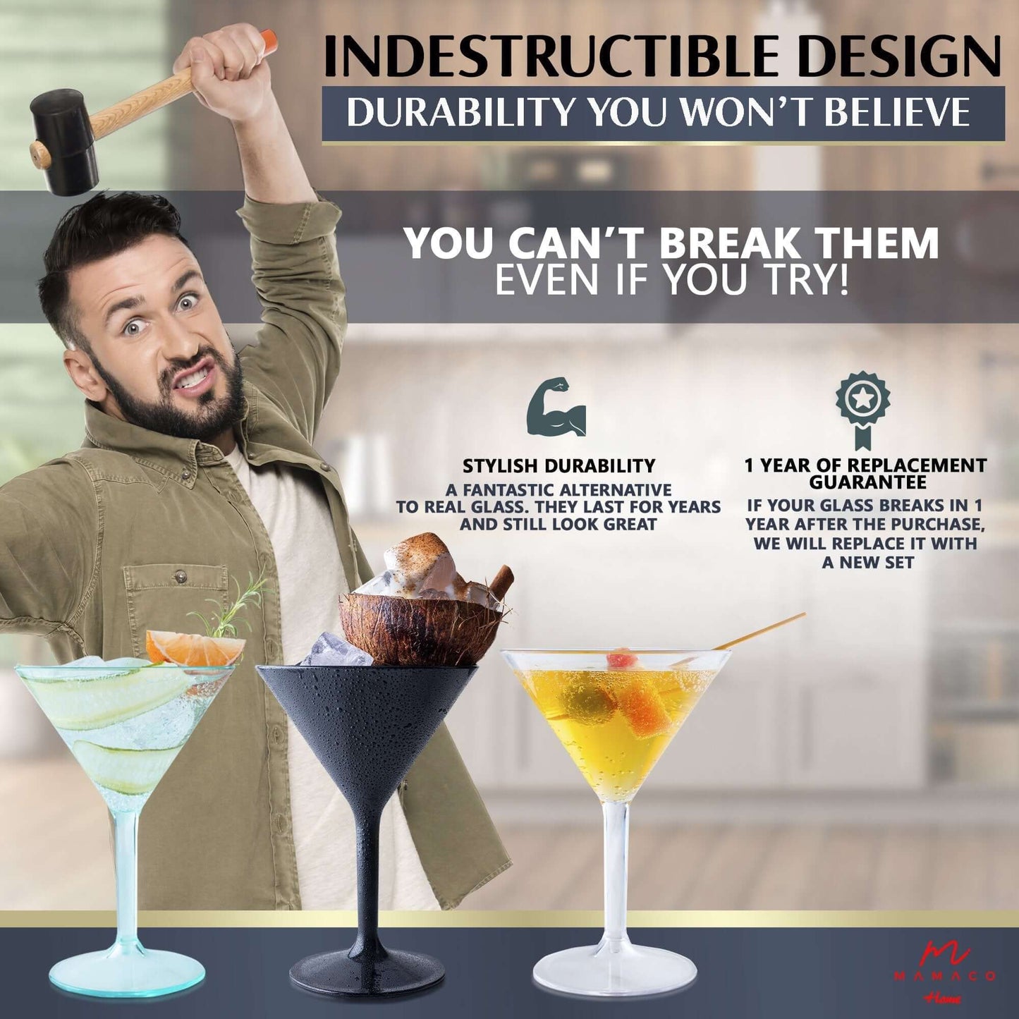 A man with a hammer and martini glass showcases Mamaco Homes Large Martini Glasses, made from shatterproof polycarbonate. The vibrant drinks highlight their durability and unbeatable replacement guarantee. Ideal for parties, weddings, and home use. BPA free, reusable, easy to clean - BLACK.