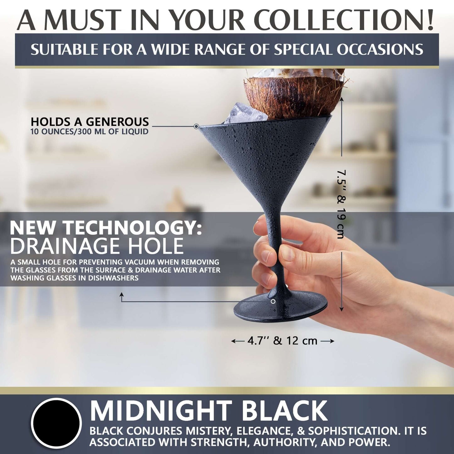 A hand holds a Mamaco Home Large Martini Glass in black, made from premium shatterproof polycarbonate. The BPA-free tumbler stands 3.9 inches tall, has a 10-ounce capacity, and measures 4.7 inches in diameter, embodying mystery and style against a kitchen backdrop.