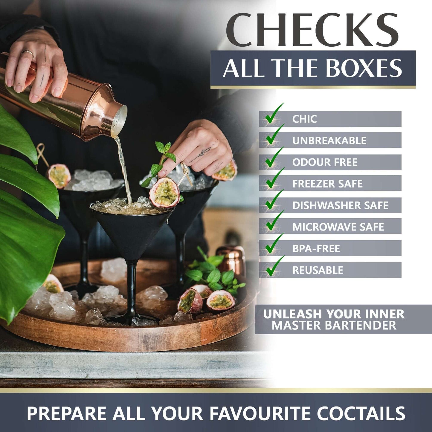 A person pours a drink from a copper shaker into Mamaco Home Large Martini Glasses, set chicly on a tray with ice and sliced passion fruit. These black polycarbonate tumblers are unbreakable, odor-free, freezer safe, microwave safe, dishwasher safe, BPA-free, and reusable.