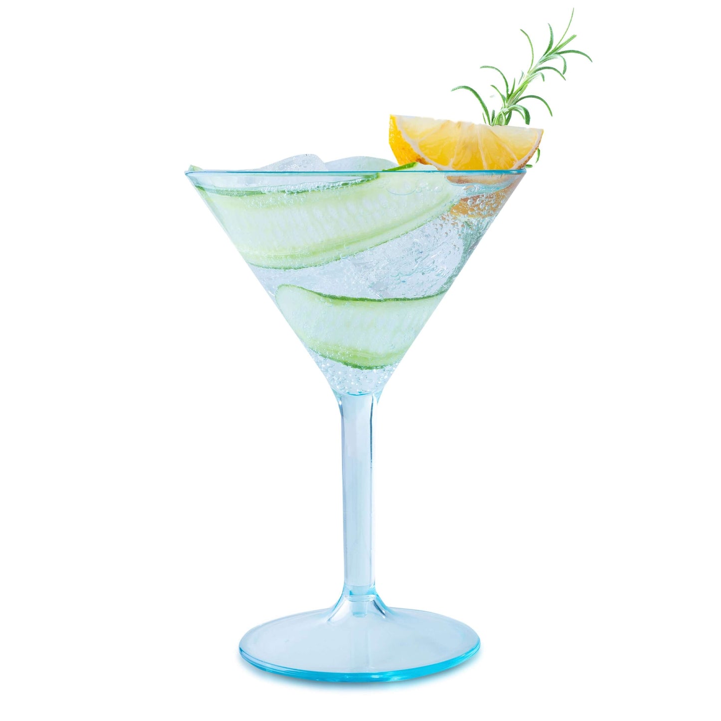 A Large Martini Glass by Mamaco Home, made of unbreakable, BPA-free polycarbonate, holds a cucumber-infused cocktail garnished with lemon and rosemary on ice, set against a plain white background.
