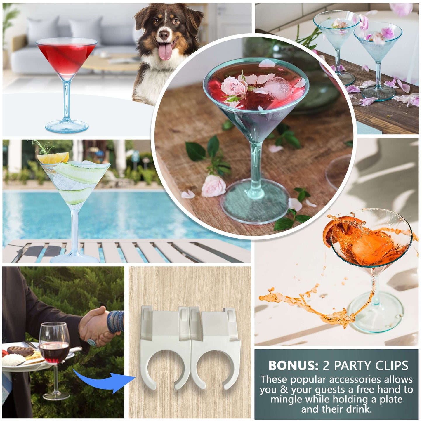 A collage of vibrant cocktails and lively party scenes with Mamaco Homes Large Martini Glasses—unbreakable polycarbonate, BPA-free, reusable. Includes fruit martinis, a dog and drink, a poolside setting, and a hand with an unbreakable wine glass plus bonus text highlighting two included party clips.