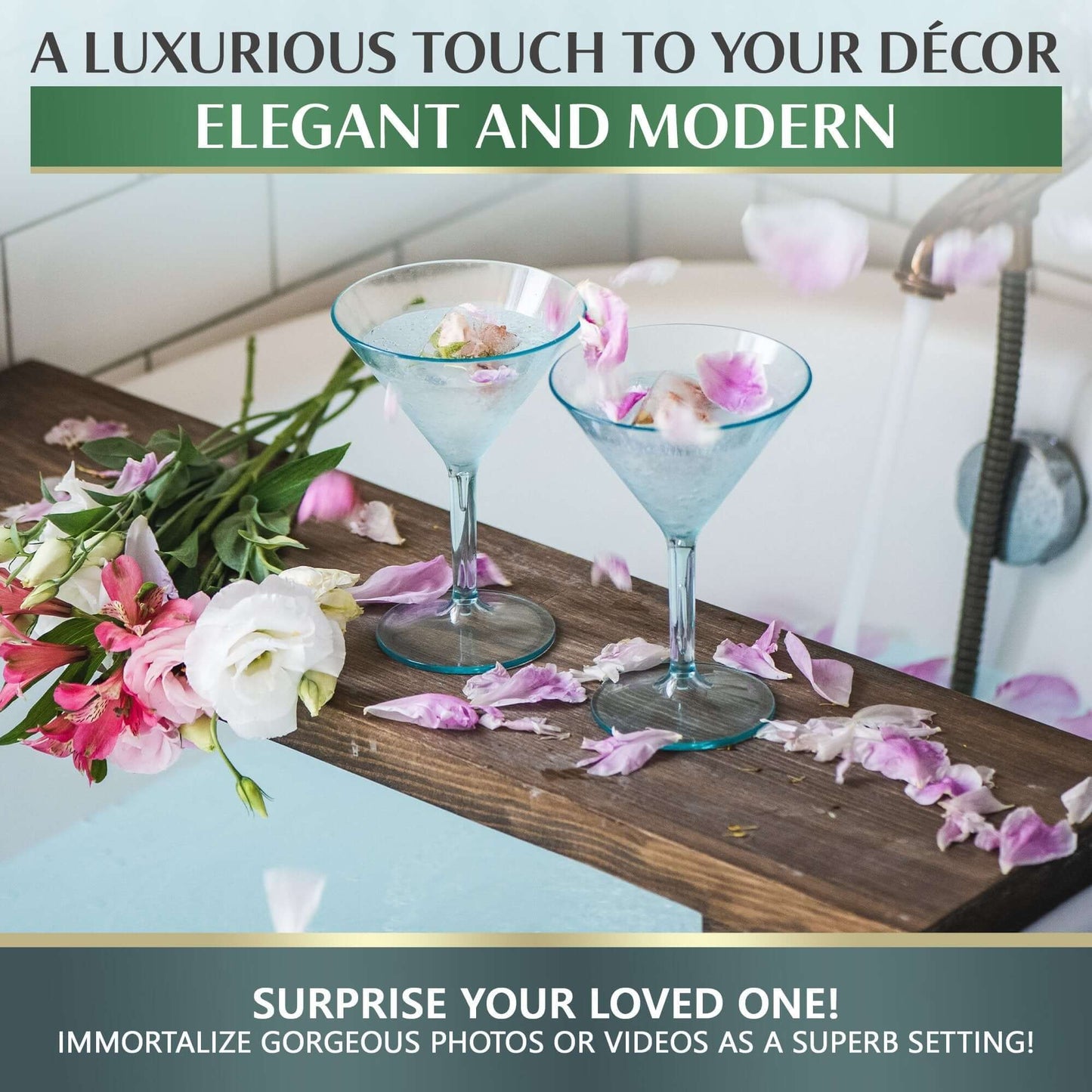 Two elegant, BPA-free large martini glasses by Mamaco Home sit on the edge of a bathtub, accompanied by a bouquet of pink and white flowers. Overlay text highlights their modern luxury and invites photo or video capturing in this unique setting.