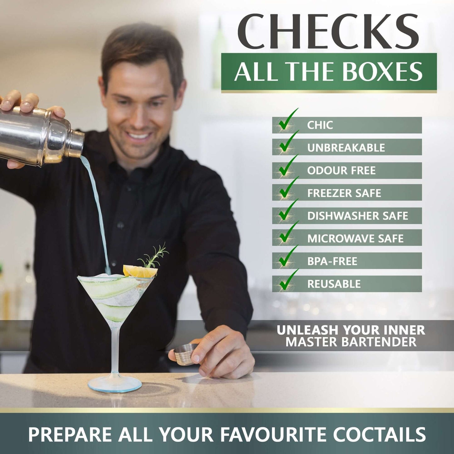 A man pours a drink from a shaker into a Mamaco Home reusable cocktail glass. Featuring shatterproof polycarbonate material and chic design, this BPA-free glass is ideal for your favorite cocktails. Banner reads: Prepare all your favourite cocktails.