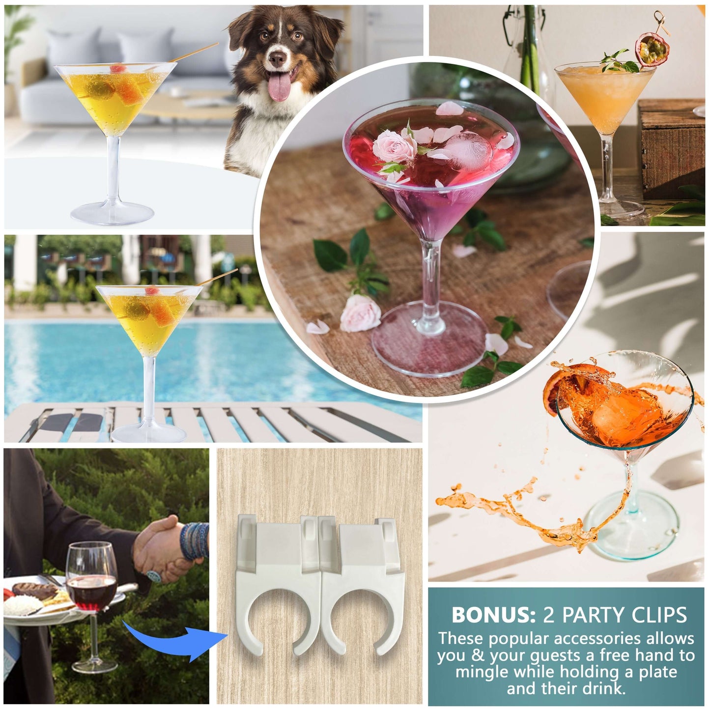 A vibrant collage features Mamaco Homes Large Martini Glasses filled with colorful drinks and a playful dog. The pink cocktail, adorned with a flower, is the focal point. Below, party accessories from shatterproof polycarbonate hold drinks and plates, plus 2 bonus BPA-free party clips!.