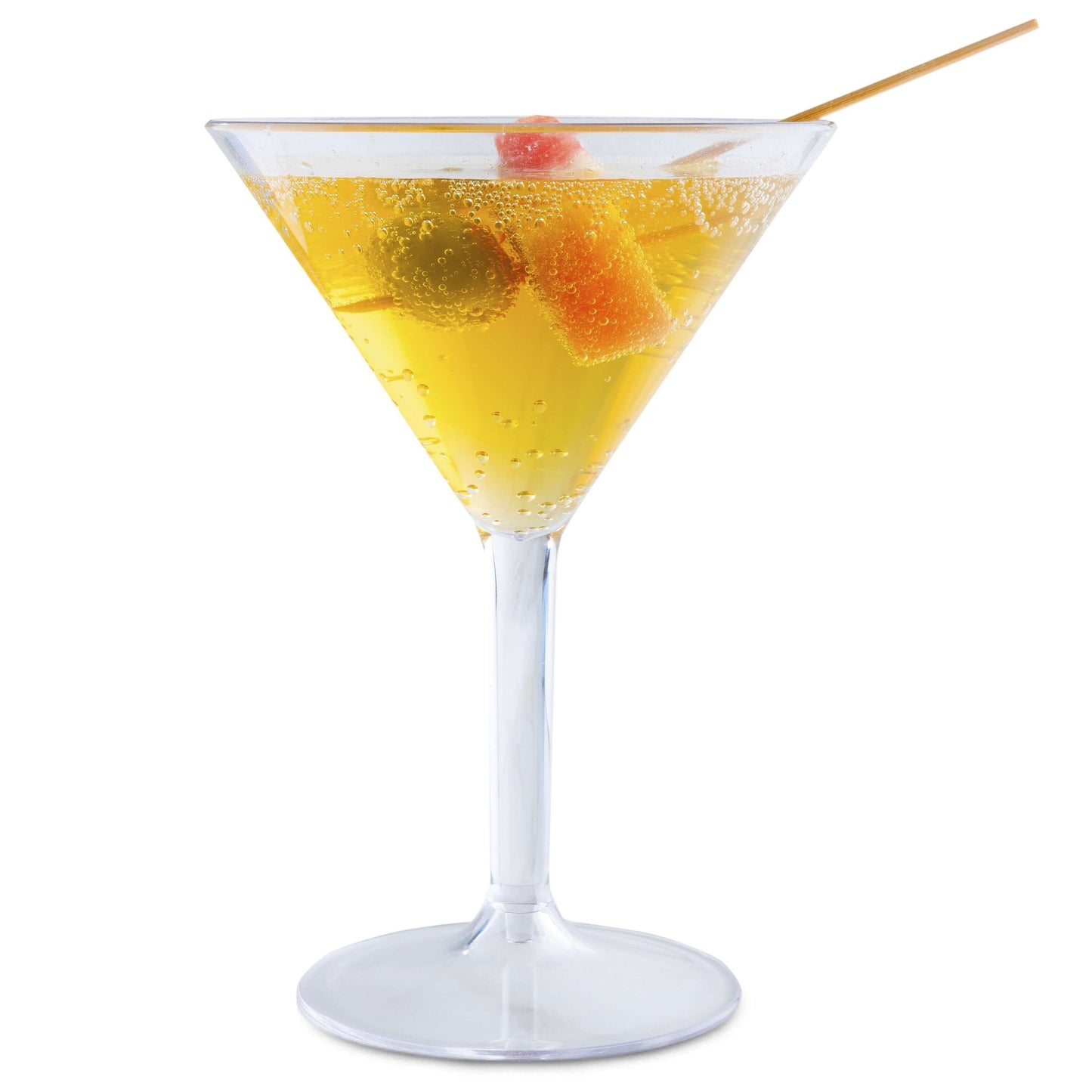 A Mamaco Home Large Martini Glass in unbreakable polycarbonate features a fizzy golden drink with green and orange gummy bears on a skewer. Set against a plain white background, this BPA-free, reusable scene highlights elegance and durability.