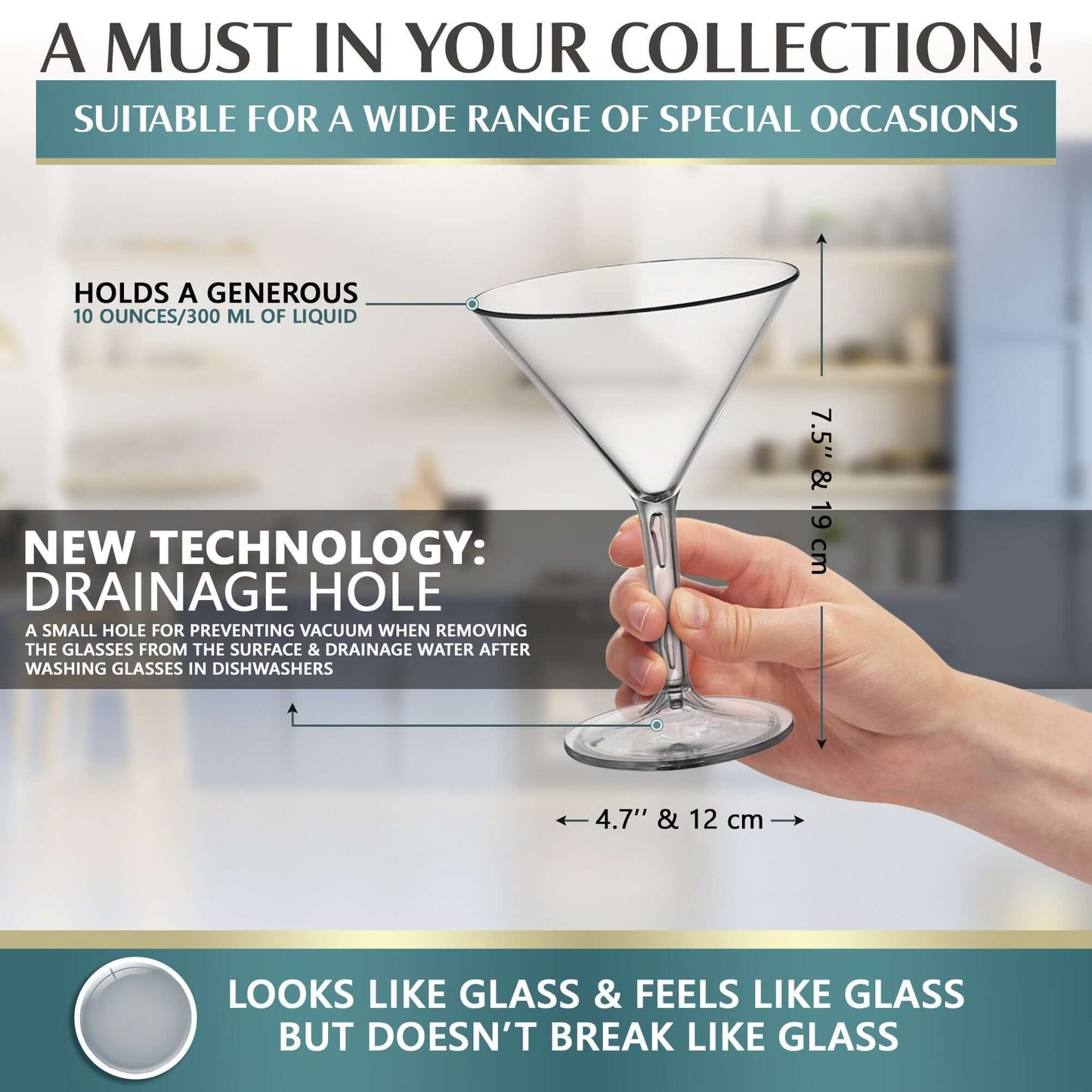 An individual holds a martini glass with features: 300 ml capacity, drainage hole for easy cleaning, and visible dimensions. Mamaco Homes Large Martini Glasses are crafted from shatterproof polycarbonate; they mimic glass in look and feel but offer enhanced durability, reads the caption.