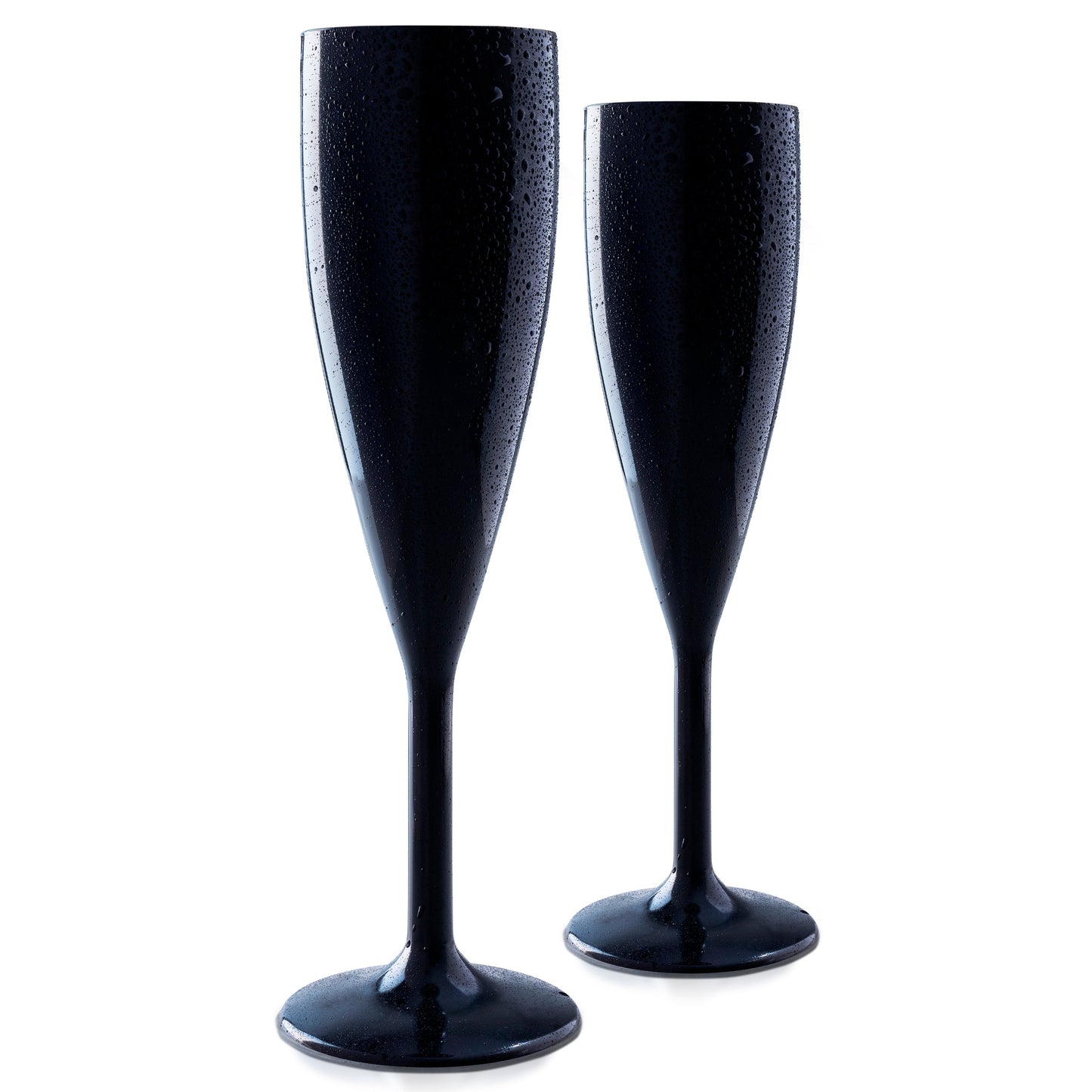 Against a white background, two Unbreakable Black Champagne Flutes by Mamaco Home, crafted from elegant polycarbonate and featuring crystal-clear clarity with droplets of condensation, stand upright.