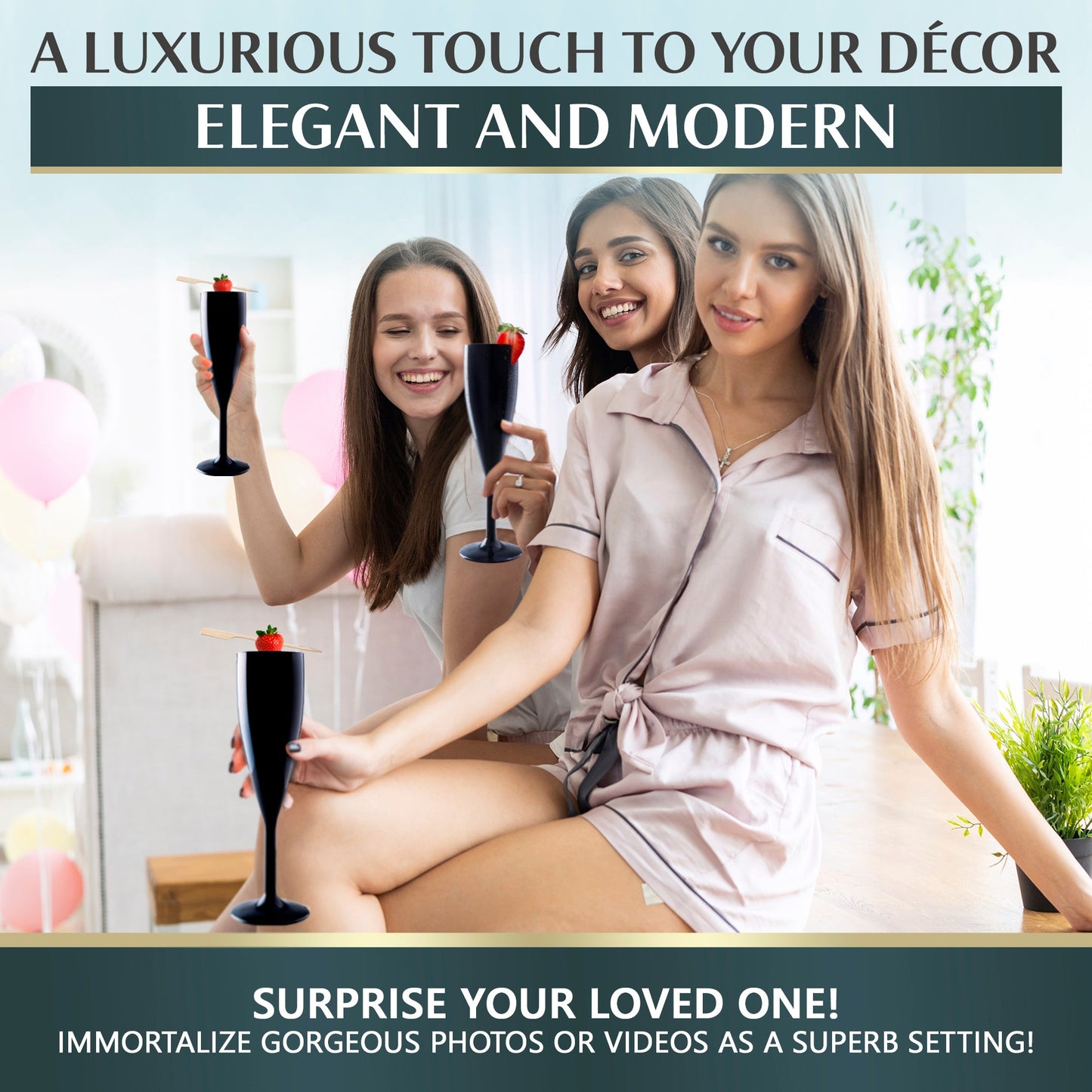 At Mamaco Home, three women enjoy crystal-clear Unbreakable Black Champagne Flutes adorned with strawberries; one lounges in pajamas on the counter. Capture moments beautifully with stylish, reusable BPA-free elegance for your luxurious decor.
