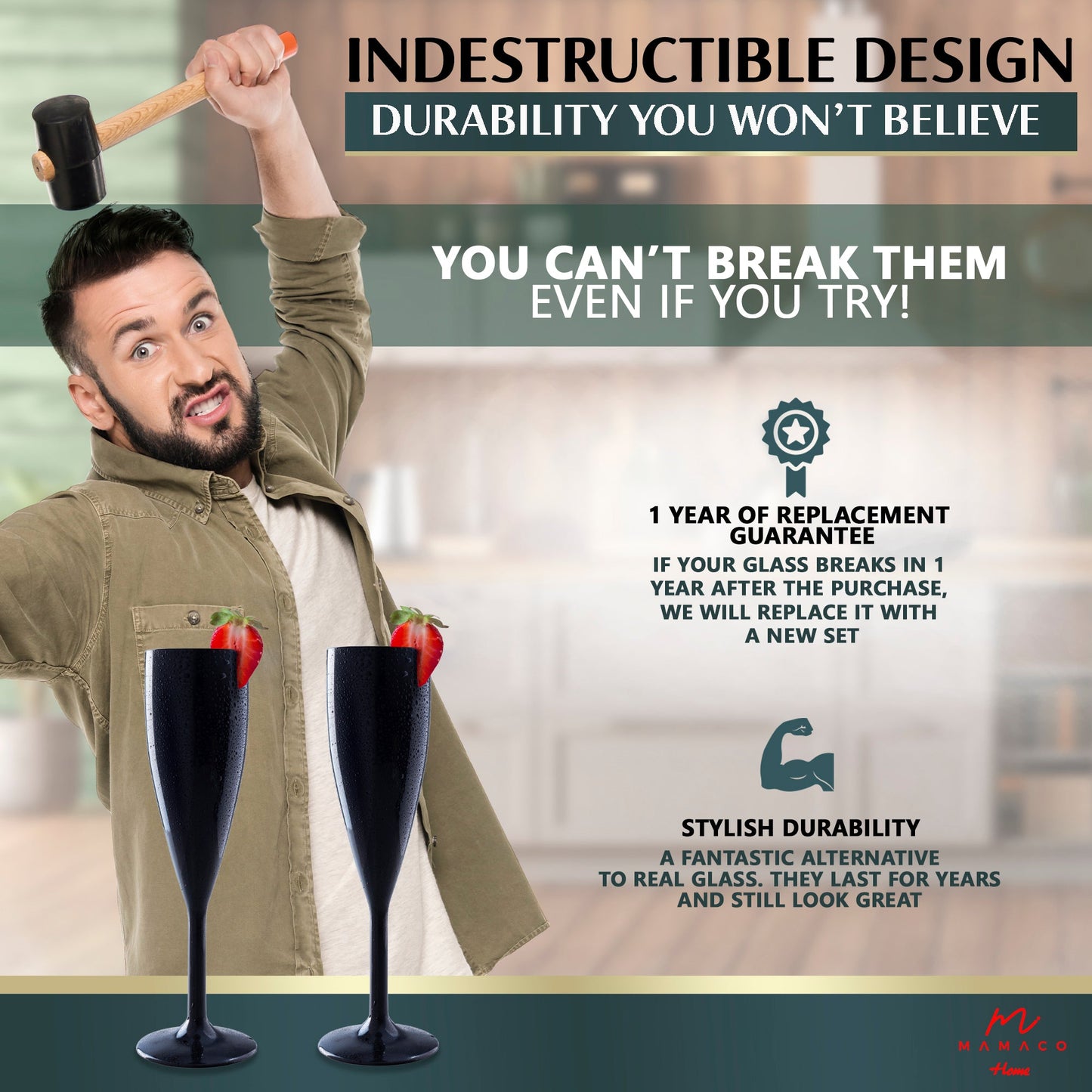 A man with a hammer stands beside Mamaco Homes Unbreakable Black Champagne Flutes. Boasting an Indestructible Design, these BPA-free glasses, offering a one-year replacement guarantee, blend style and durability, resembling real glass while promising lasting use.