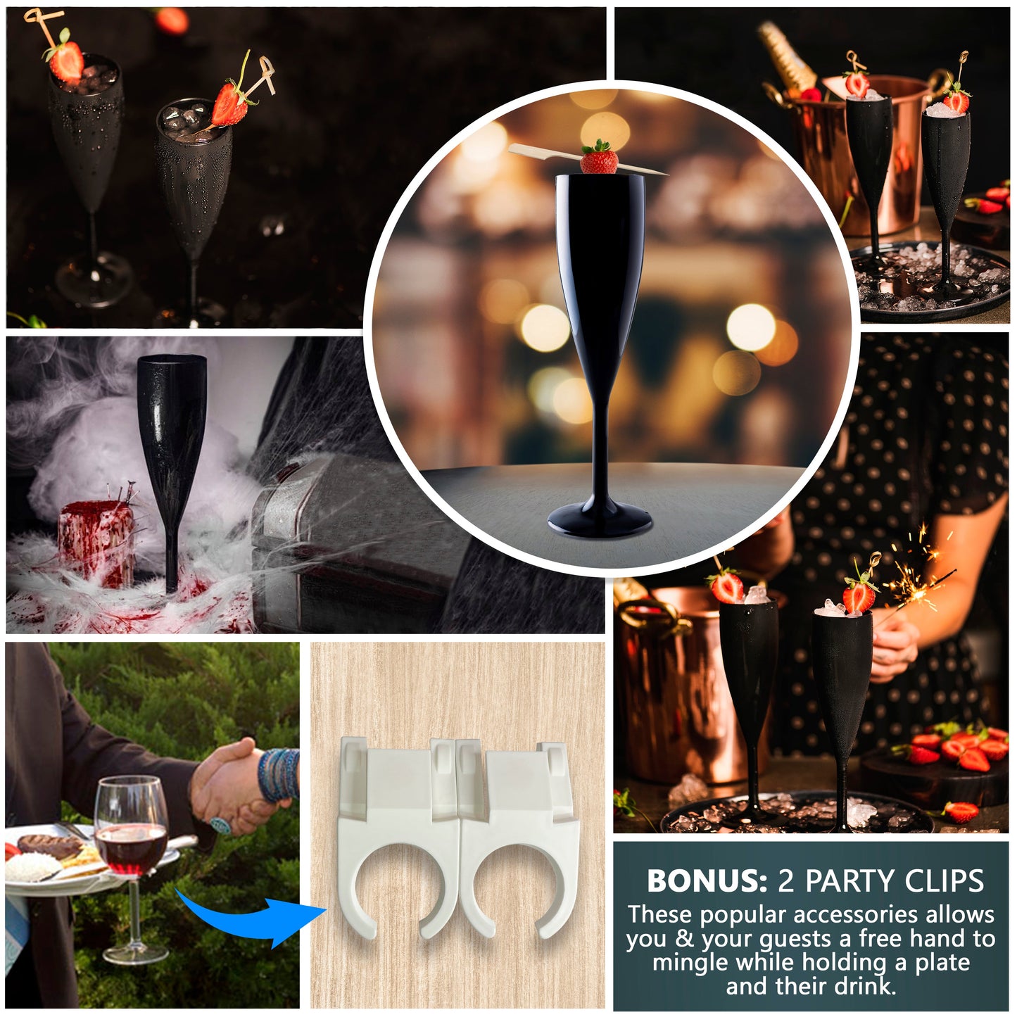 A collage of elegant black polycarbonate champagne flutes with strawberries, two white clips, and fog-kissed wine glasses held with plates. Text: BONUS: 2 PARTY CLIPS - These popular accessories offer you & your guests the freedom to mingle hands-free while holding a plate and drink. Brand: Mamaco Home.