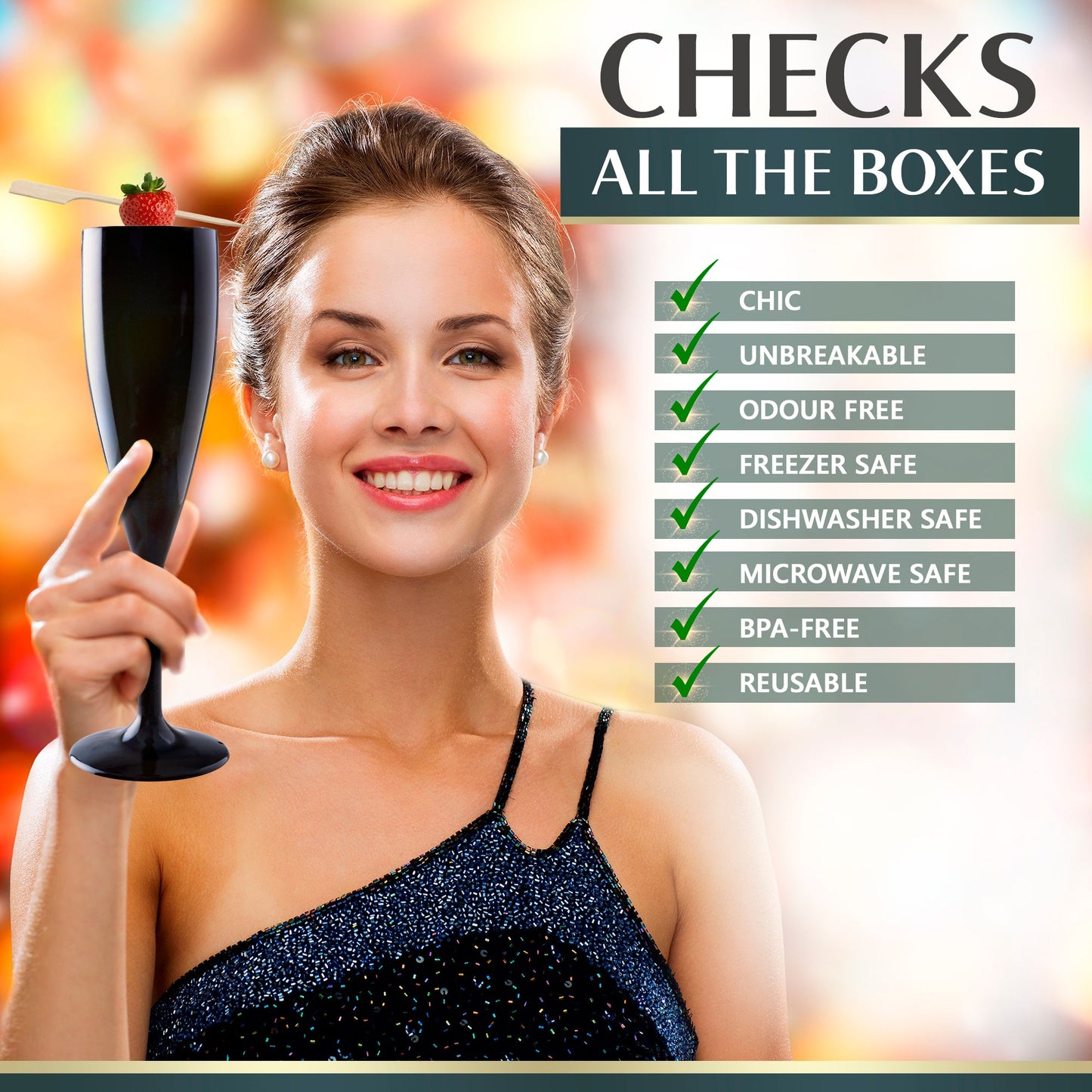 A woman in a black one-shoulder dress holds Mamaco Homes Unbreakable Black Champagne Flute, made from chic, BPA-free polycarbonate. The crystal-clear glass with a strawberry on the rim is odor-free, freezer, dishwasher and microwave safe—reusable elegance defined.