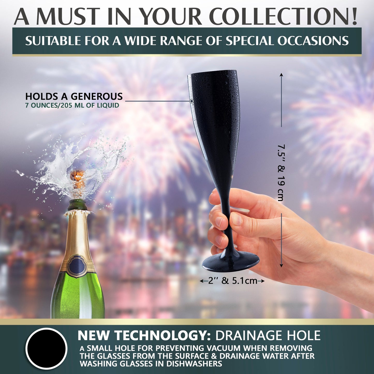A hand holds a Mamaco Home Unbreakable Black Champagne Flute, perfect for celebrations with fireworks. Measuring 7.5 tall by 2 wide, it holds 7 oz. The durable polycarbonate design with drainage hole technology suits various occasions.