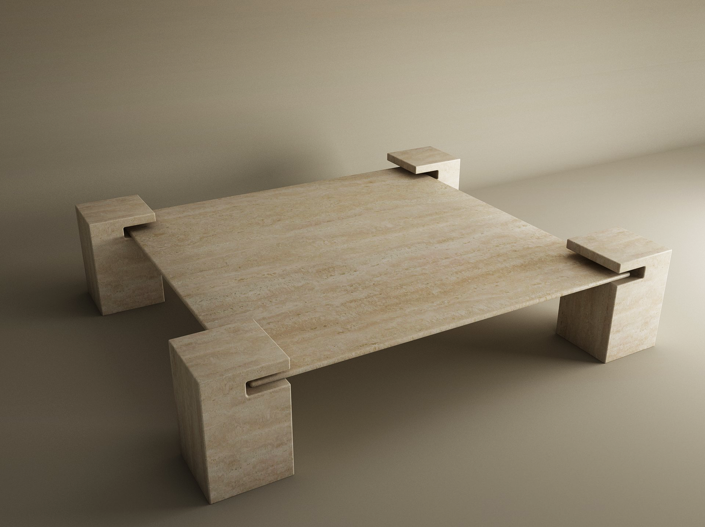 The Square Travertine Coffee Table with Square Base by TRAVERTABLE features solid travertine in light beige, a minimalist flat top, and blocky legs with interlocking notches—an elegant, customizable fit for any modern living space.