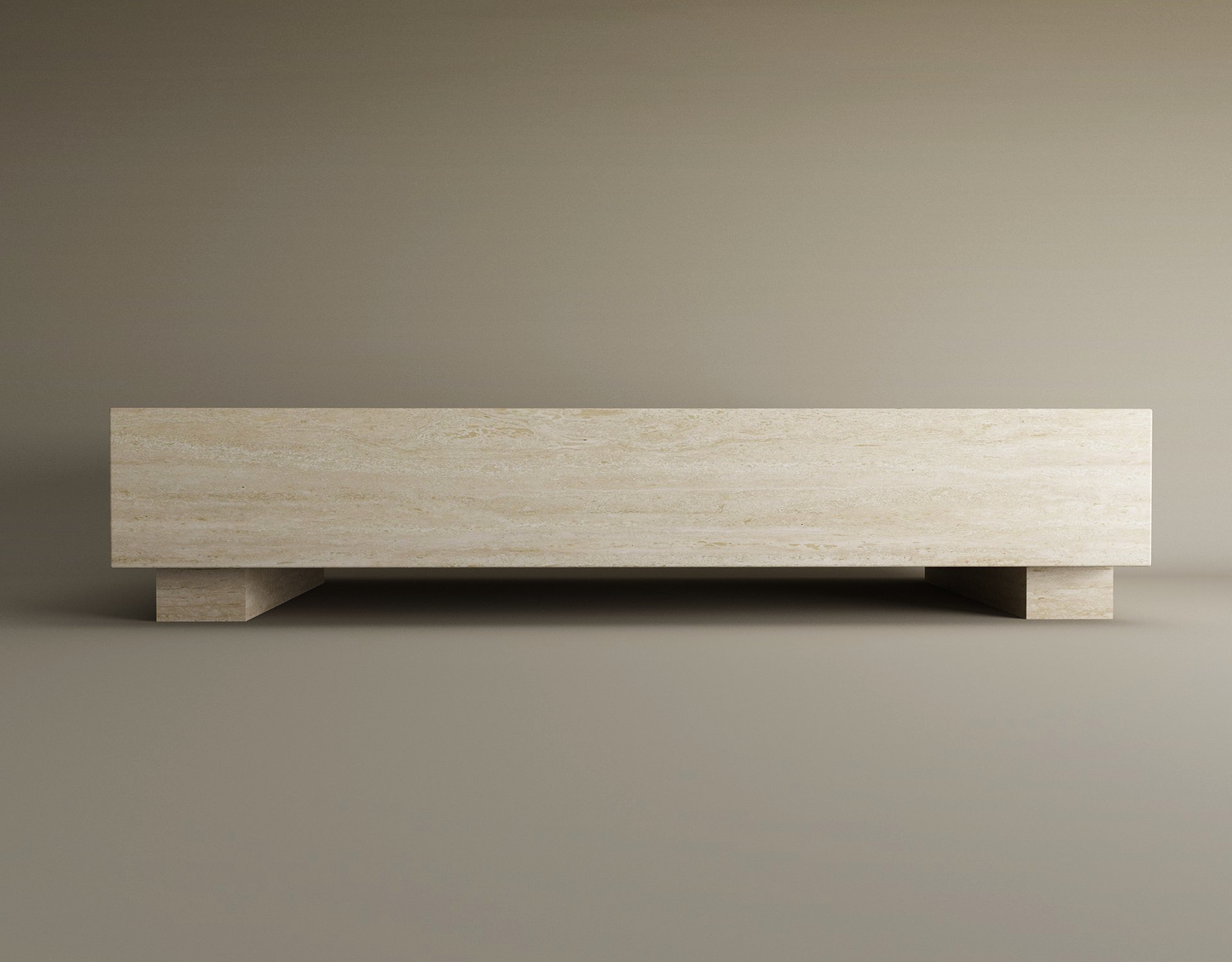 The TRAVERTABLE Rectangular Travertine Coffee Table features a balanced modern design with clean lines, a smooth light beige stone top, and a hidden base. This customizable piece exudes minimalist elegance on any matching background.