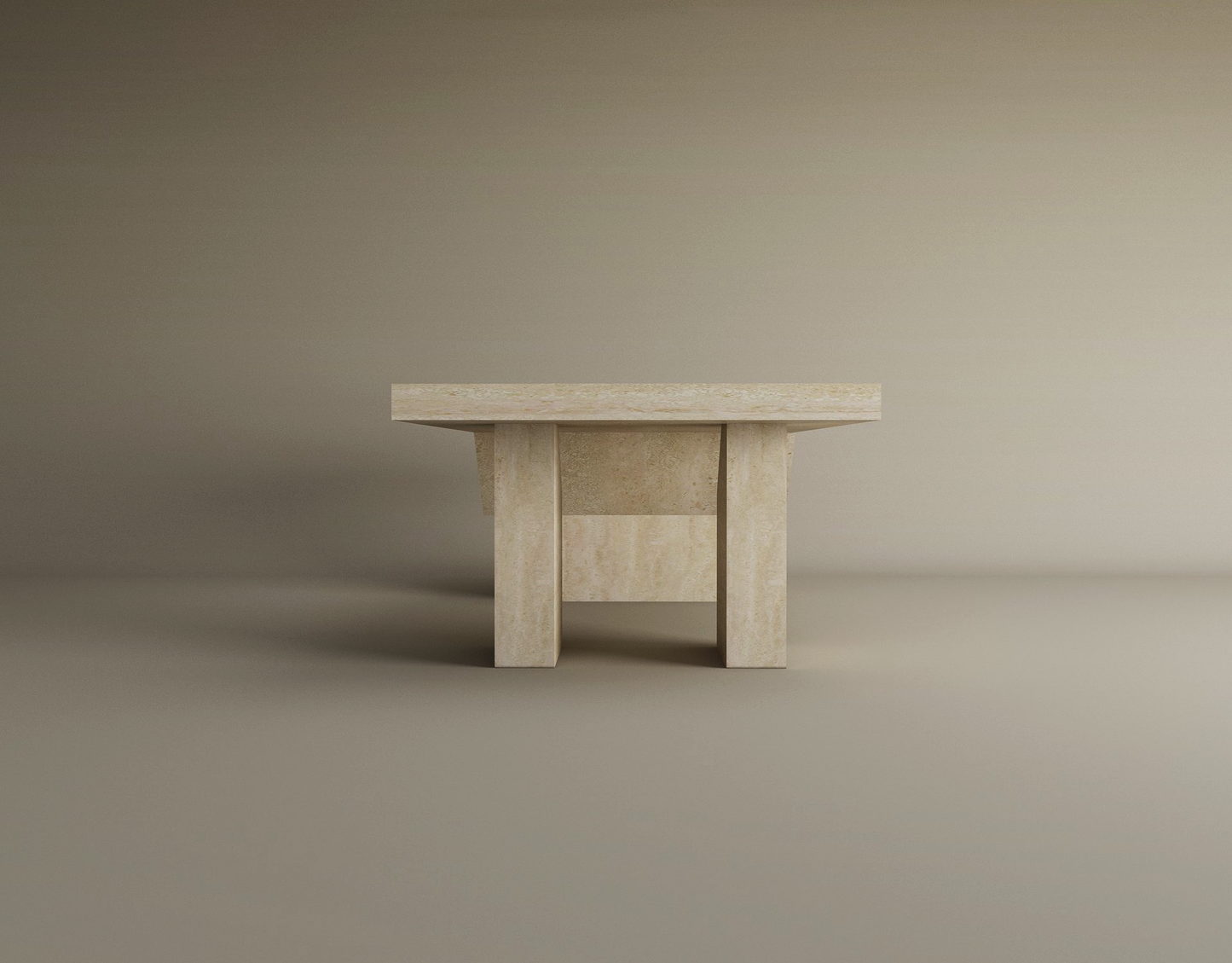 The TRAVERTABLE Architectural Travertine Coffee Table features a sculptural base and thick rectangular top in timeless natural stone, with a minimalist geometric design. Customizable and set against a gradient beige background.