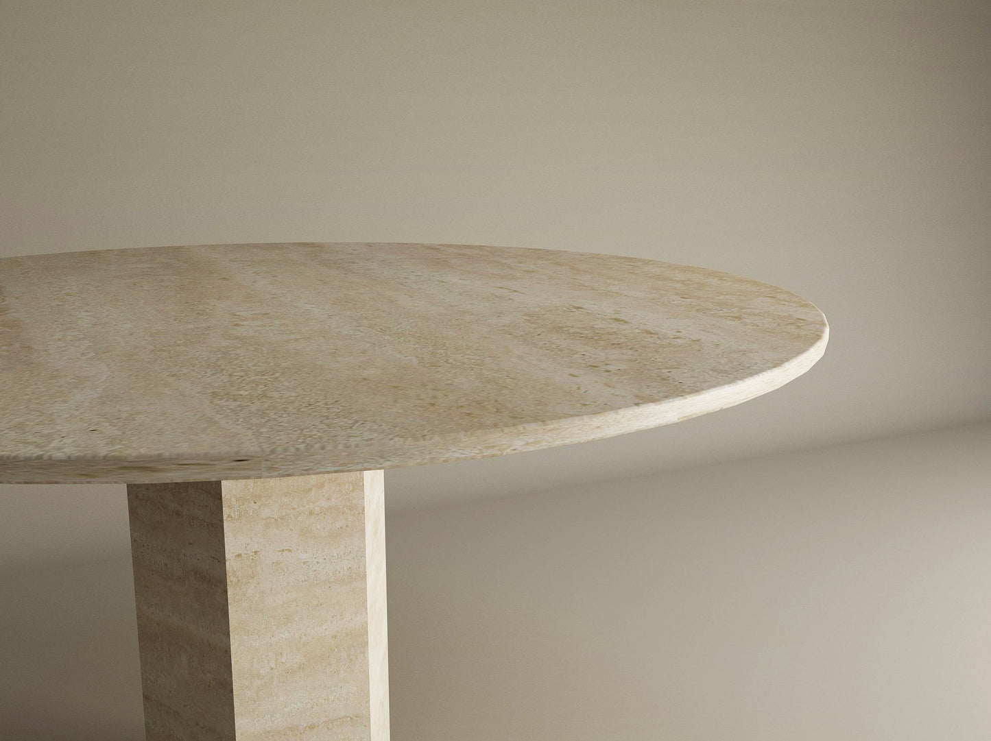The TRAVERTABLE Oval Travertine Dining Table features a light beige stone top and a hexagonal center base, blending geometric design with timeless elegance. Customizable and crafted with enduring quality, it stands out against a neutral background.