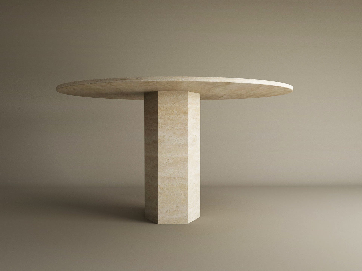 The TRAVERTABLE Oval Travertine Dining Table features a beige stone top and a thick hexagonal center base, highlighting geometric craftsmanship, set against a plain light brown background. Customizable for your dining space.