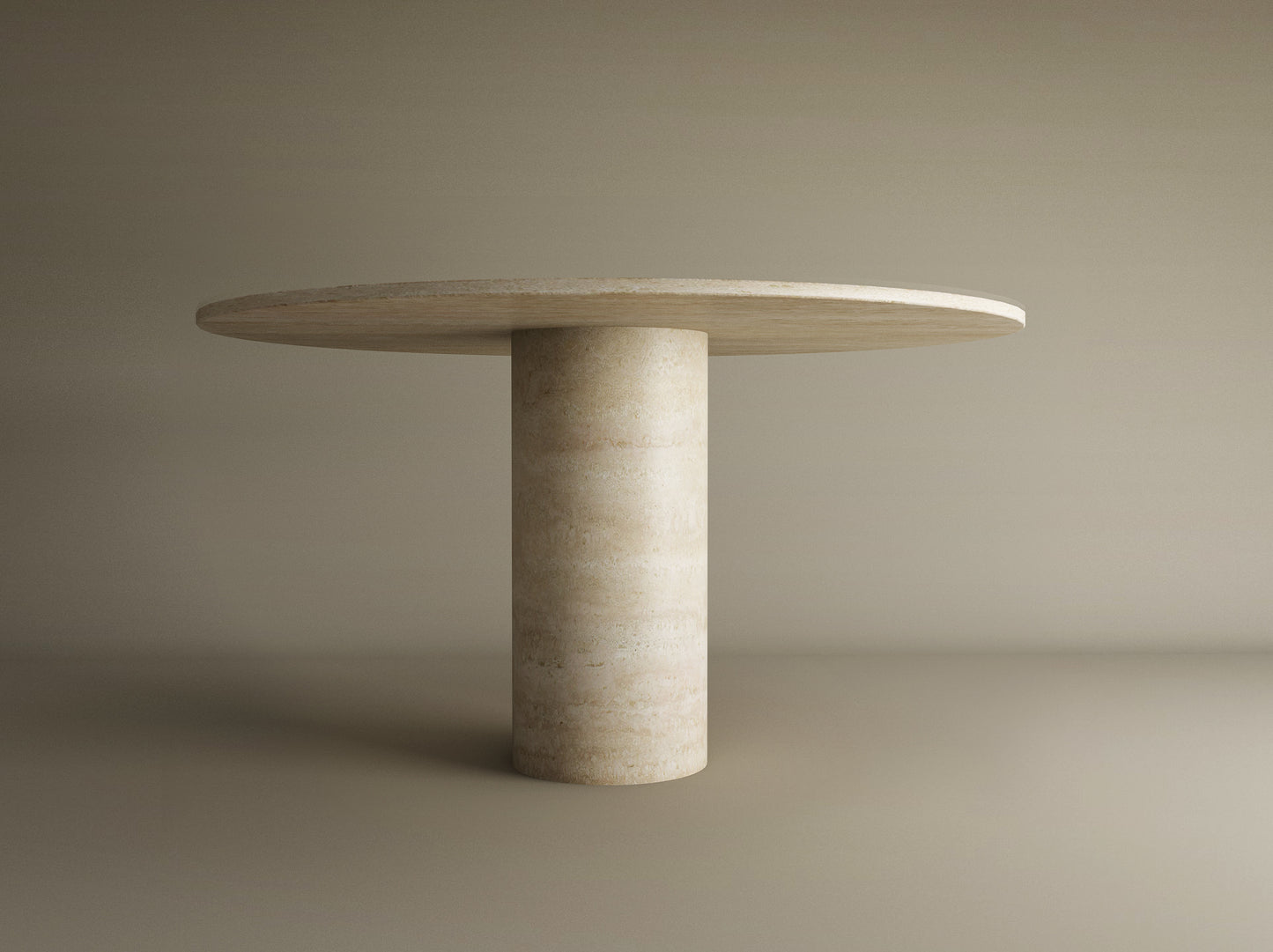 The TRAVERTABLE Oval Travertine Dining Table features a pure travertine stone oval top and a sturdy cylindrical center base—an elegant, customizable piece to transform your dining space.