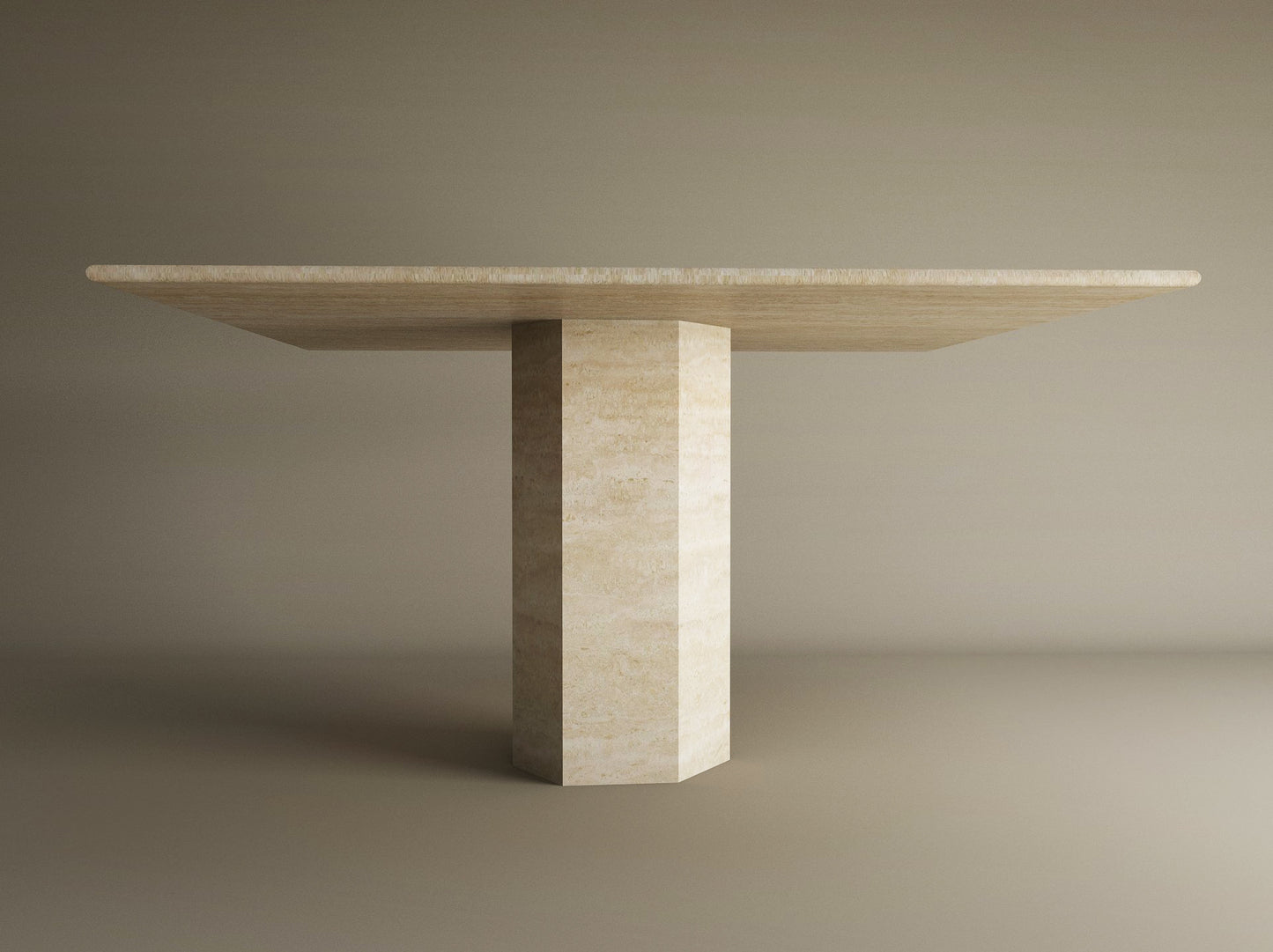 The TRAVERTABLE Square Travertine Dining Table features a customizable geometric design with a thick hexagonal center base, all in light natural stone—an instant heirloom for modern spaces.