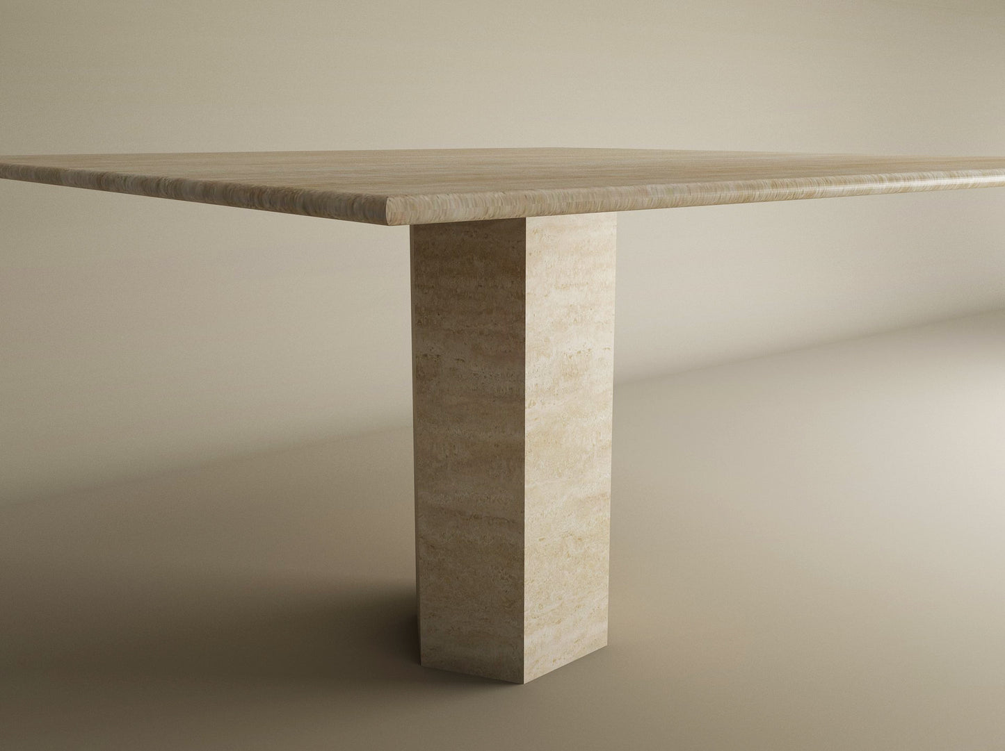 The Square Travertine Dining Table with Hexagonal Center Base by TRAVERTABLE features a thick natural stone top and geometric base, shown against a plain light background. Customizable design.