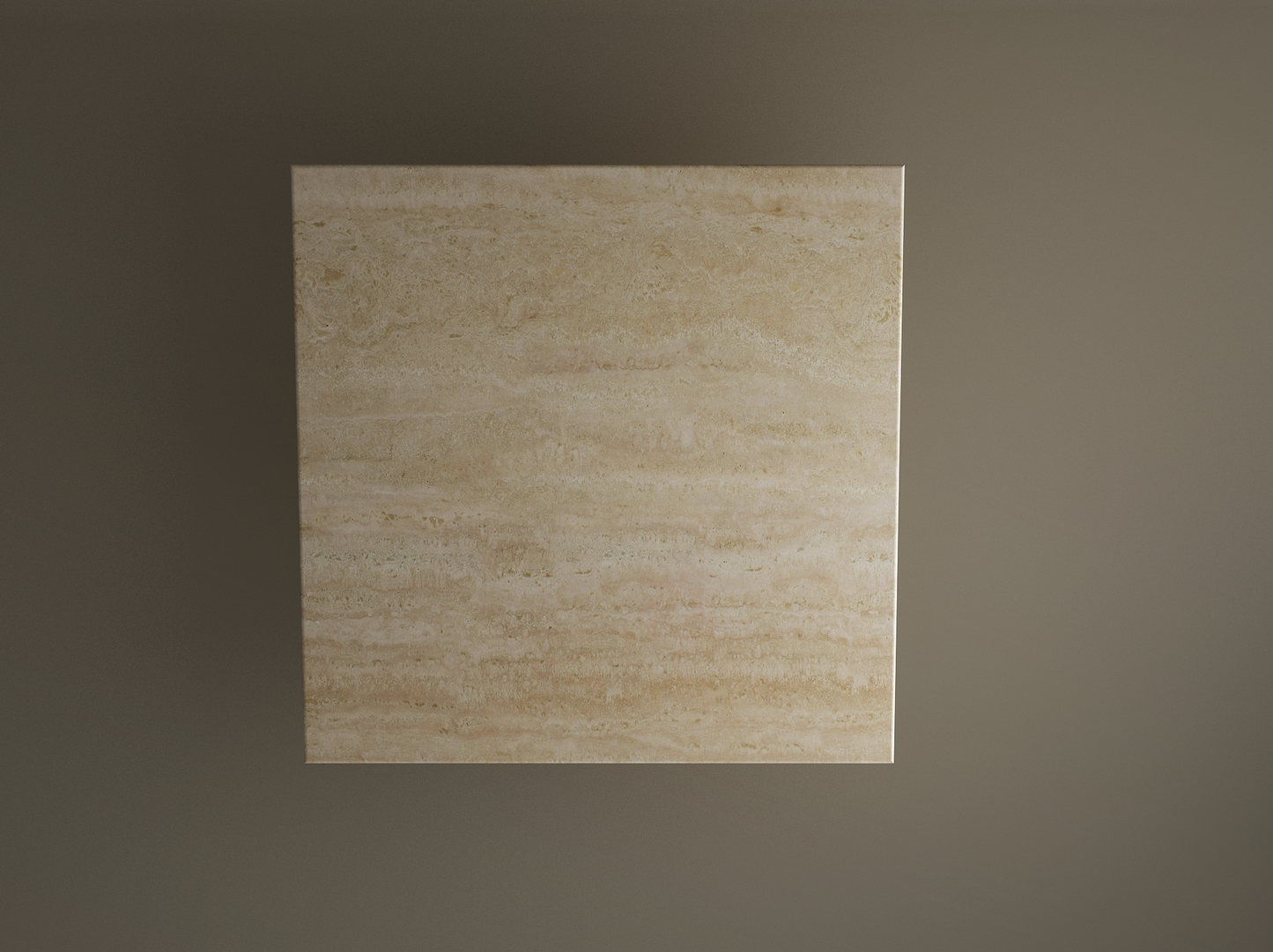 Centered against a plain brown background, the TRAVERTABLE Square Travertine Dining Table features pure travertine stone with hand-finished details and natural veining, highlighting its custom horizontal striations and a cylindrical center base.