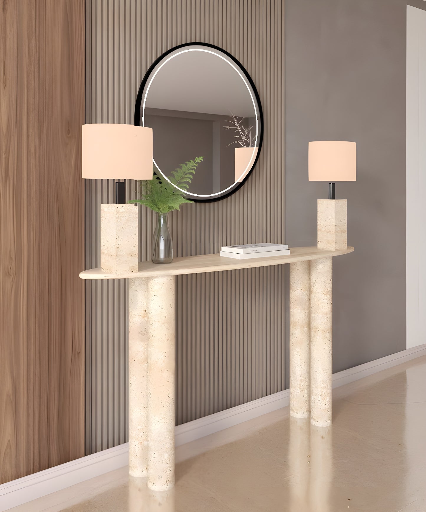 Ellips Travertine Console Table with Cylindrical Base – Pure Travertine Stone Base – Customizable Console Table