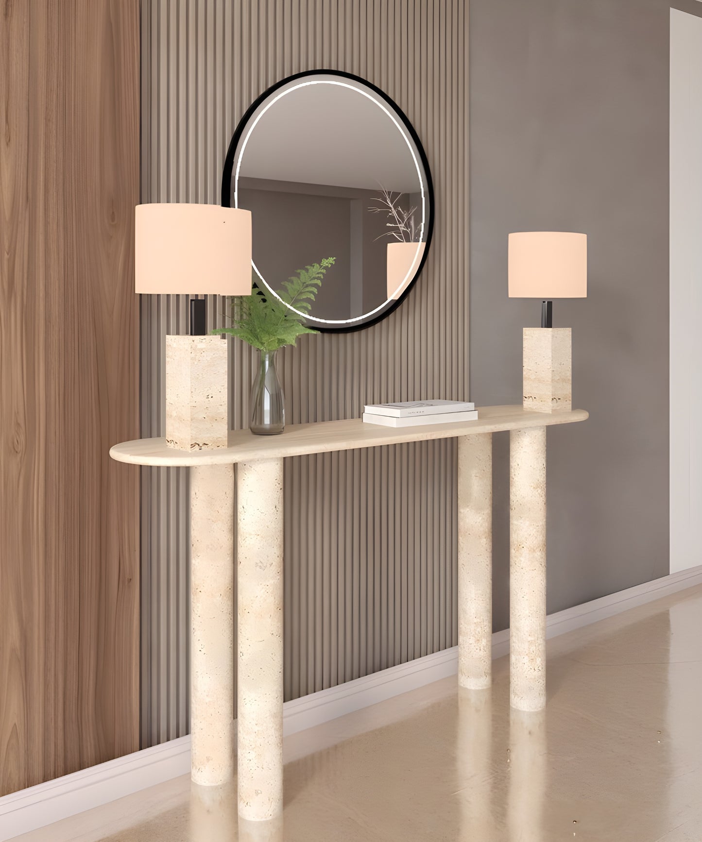 Ovale Travertine Console Table with Cylindrical Base – Pure Travertine Stone Base – Customizable Console Table