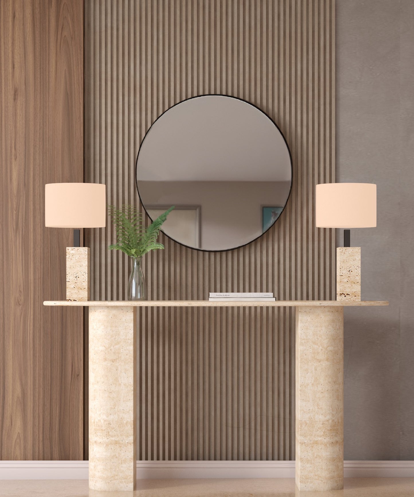 Ellips Travertine Console Table with Sloped Pedestal Base – Natural Stone Base – Customizable Console Table