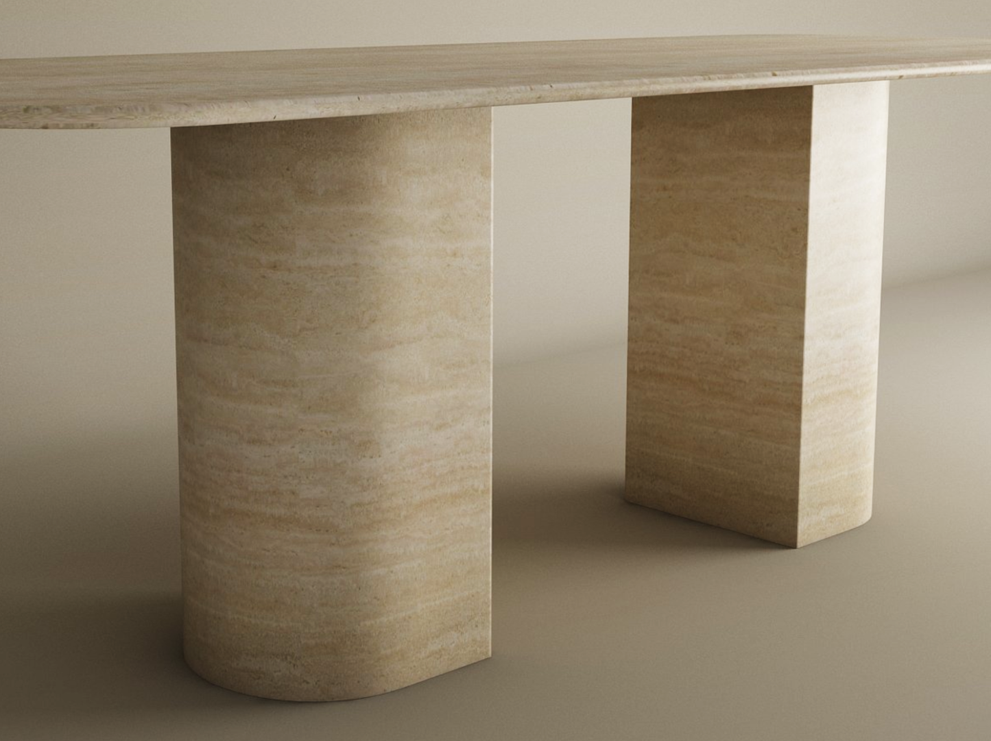 The TRAVERTABLE Rectangular Travertine Dining Table features a natural stone tabletop and two sloped pedestal bases, combining elegance with customizability for your dining space.