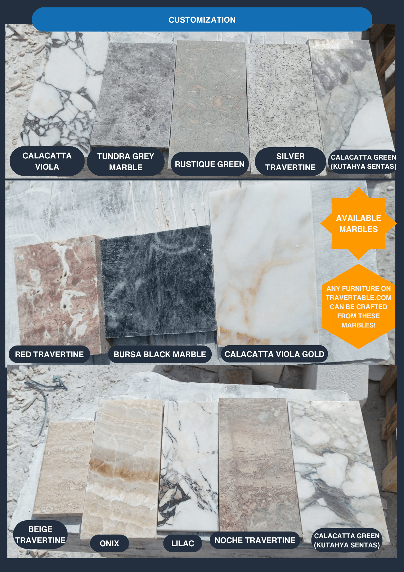 Image displaying diverse marble samples in two rows, perfect for crafting Travertables Luxurious Oval Travertine Dining Table with Dual Columns. Top: Calacatta Viola, Tundra Grey, Rustique Green, Silver Travertine. Bottom: Red Travertine, Bursa Black, Calacatta Viola Gold, Beige Travertine.