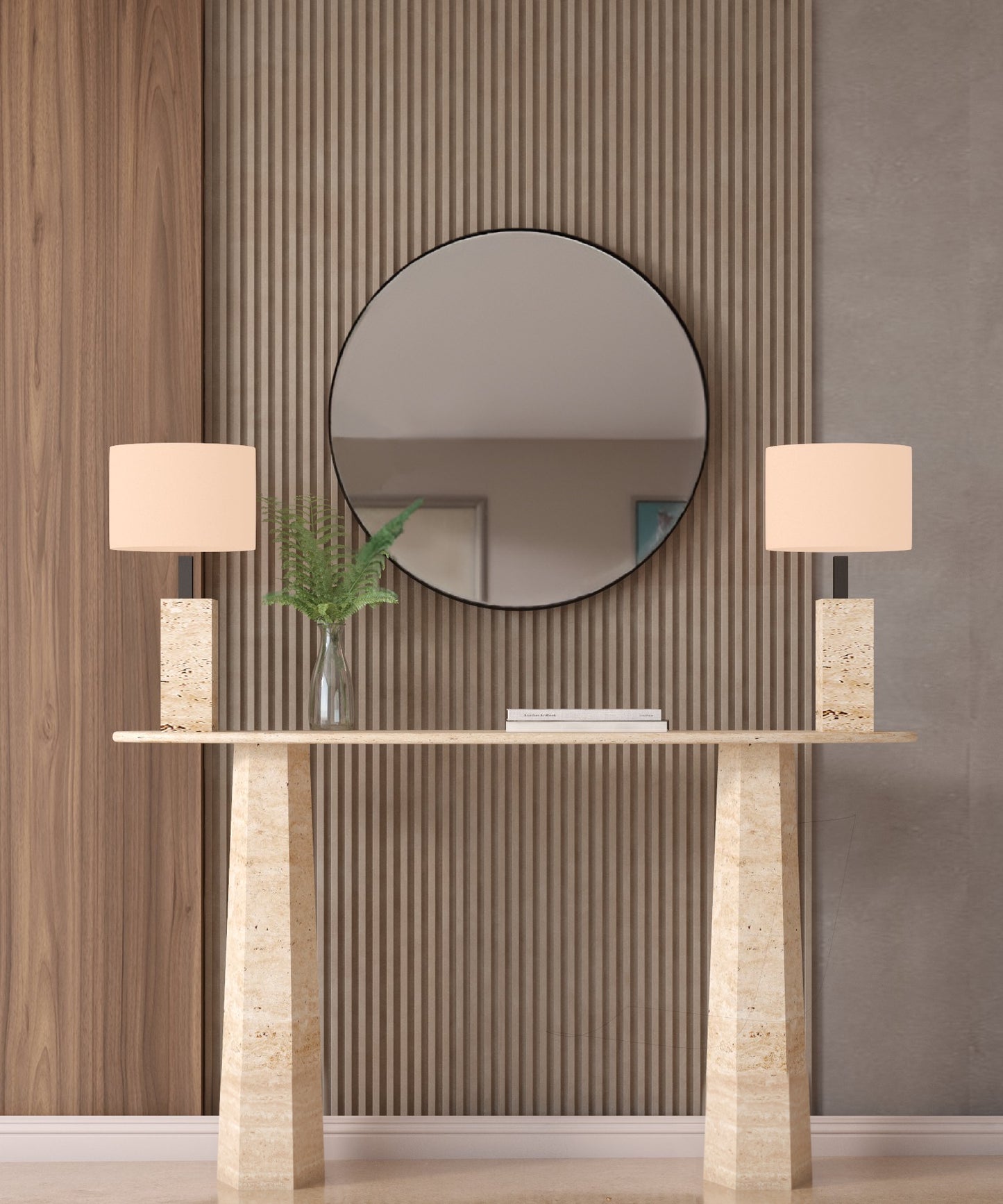 Ellips Travertine Console Table with Conical Pedestal Base – Organic Travertine Stone Base – Customizable Console Table