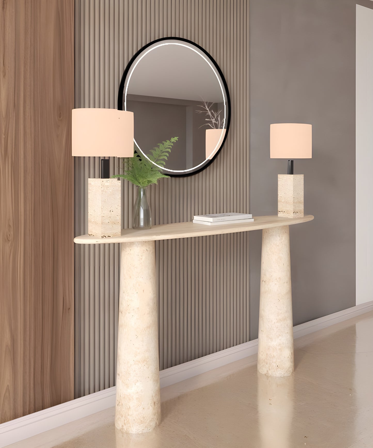 Ellips Travertine Console Table with Conical Pedestal Base – Organic Travertine Stone Base – Customizable Console Table