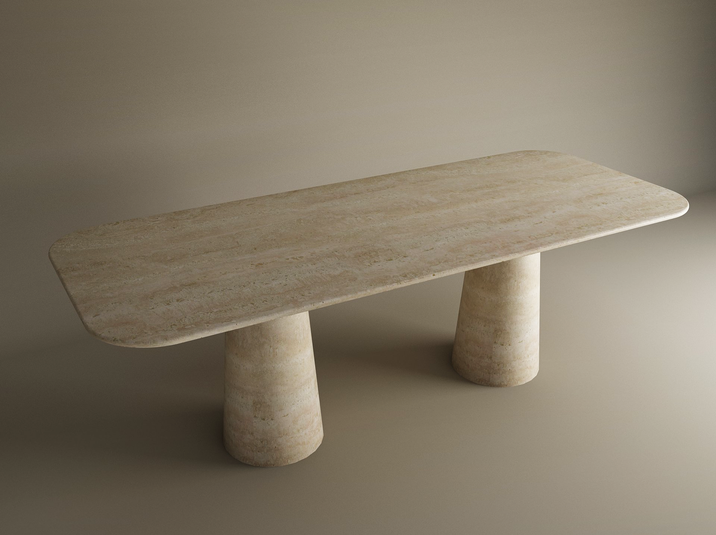 The TRAVERTABLE Rectangular Travertine Dining Table features a natural stone tabletop and organic travertine conical pedestal base, set against a neutral background. Customizable design.