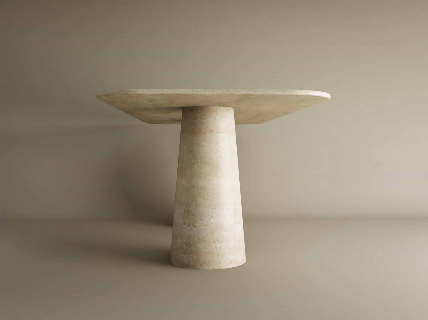 The TRAVERTABLE Rectangular Travertine Dining Table features an organic stone conical pedestal base and a customizable design, set against a plain beige background.